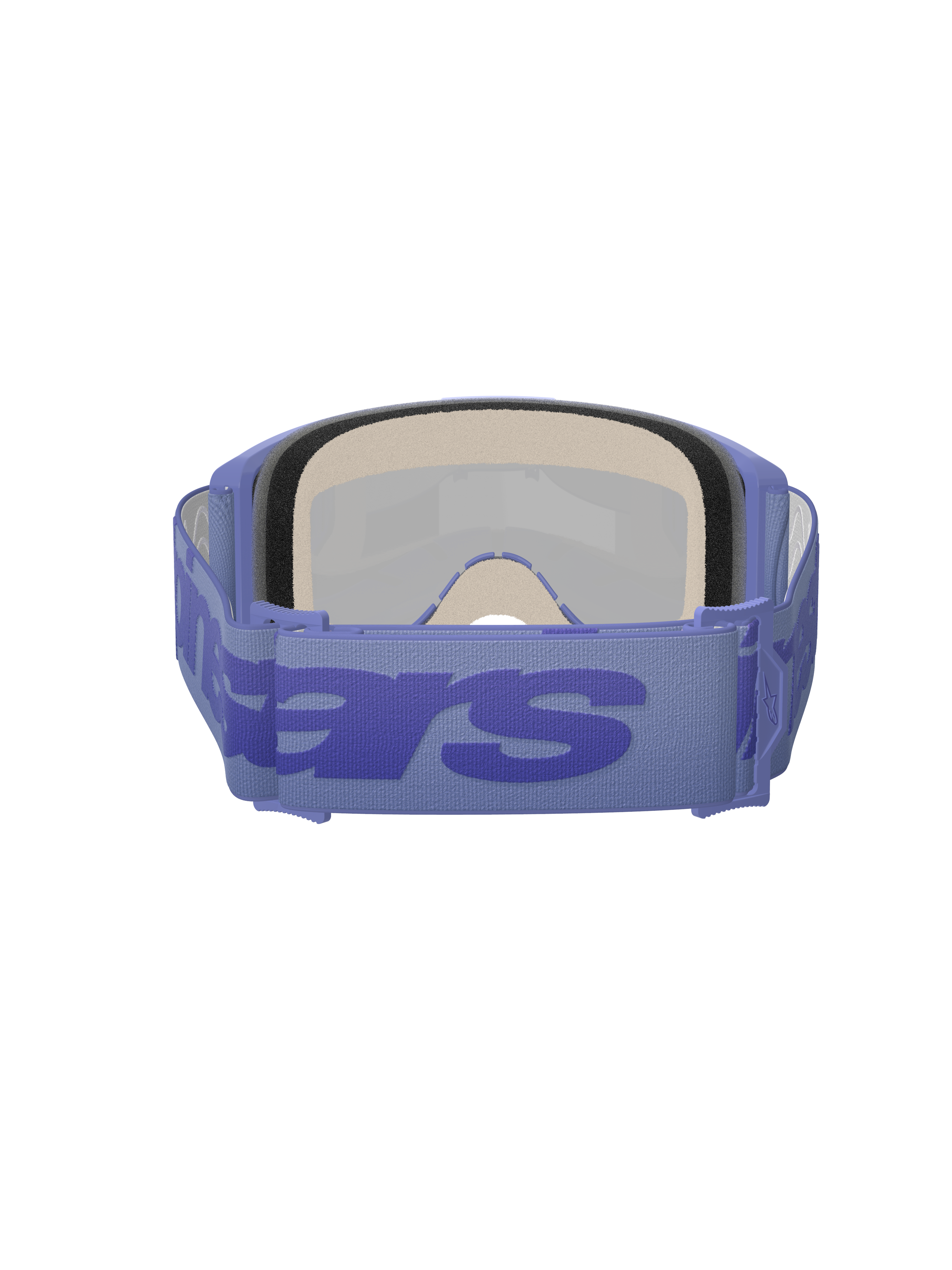Alpinestars Vision 5 Wordmark Goggles, Motocross Goggles, Purple Mirror Blue, rear view showing thick multi-layer face foam and adjustable purple strap with large blue wordmark branding, high-performance protective eyewear for off-road racing