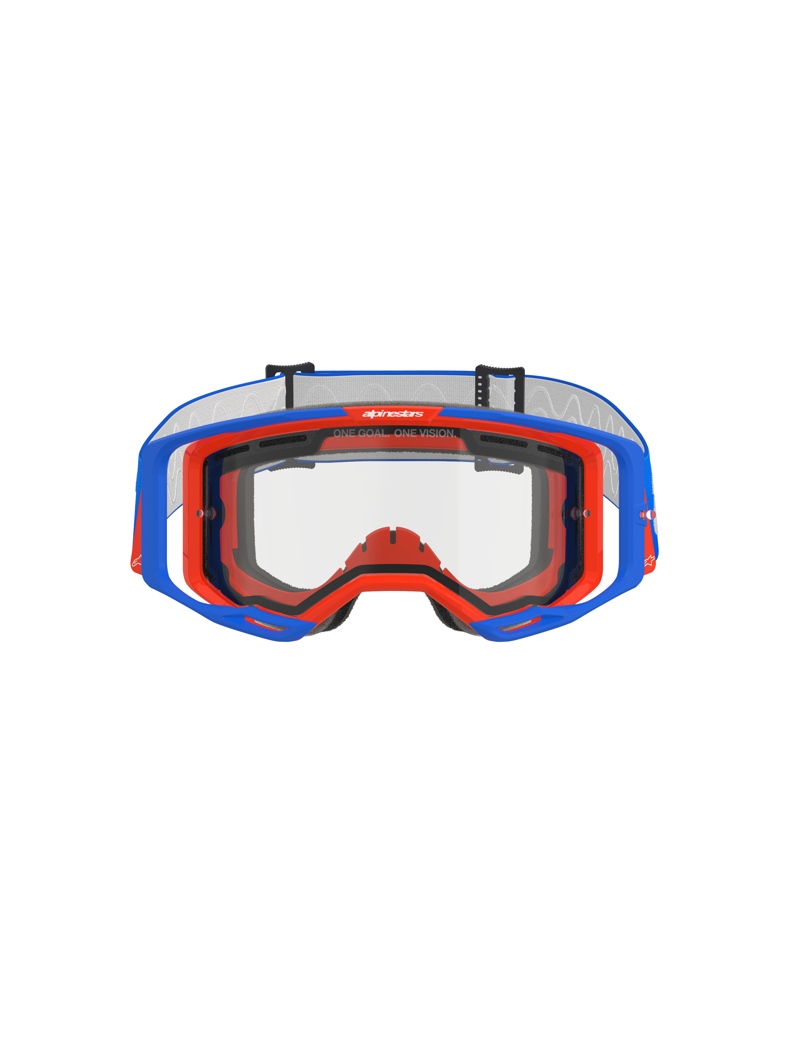 Alpinestars Vision 8 Wordmark Goggles Dual Pane, Motocross Goggles, Blue and Orange with clear lens, front view showing the A-FLEX frame and dual-pane lens, features "ONE GOAL. ONE VISION." slogan on top rim, high-performance off-road racing gear