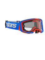 Alpinestars Vision 8 Wordmark Goggles Dual Pane, Motocross Goggles, Blue and Orange with Clear Lens, wide blue strap with bold white wordmark, ergonomic design for off-road racing.