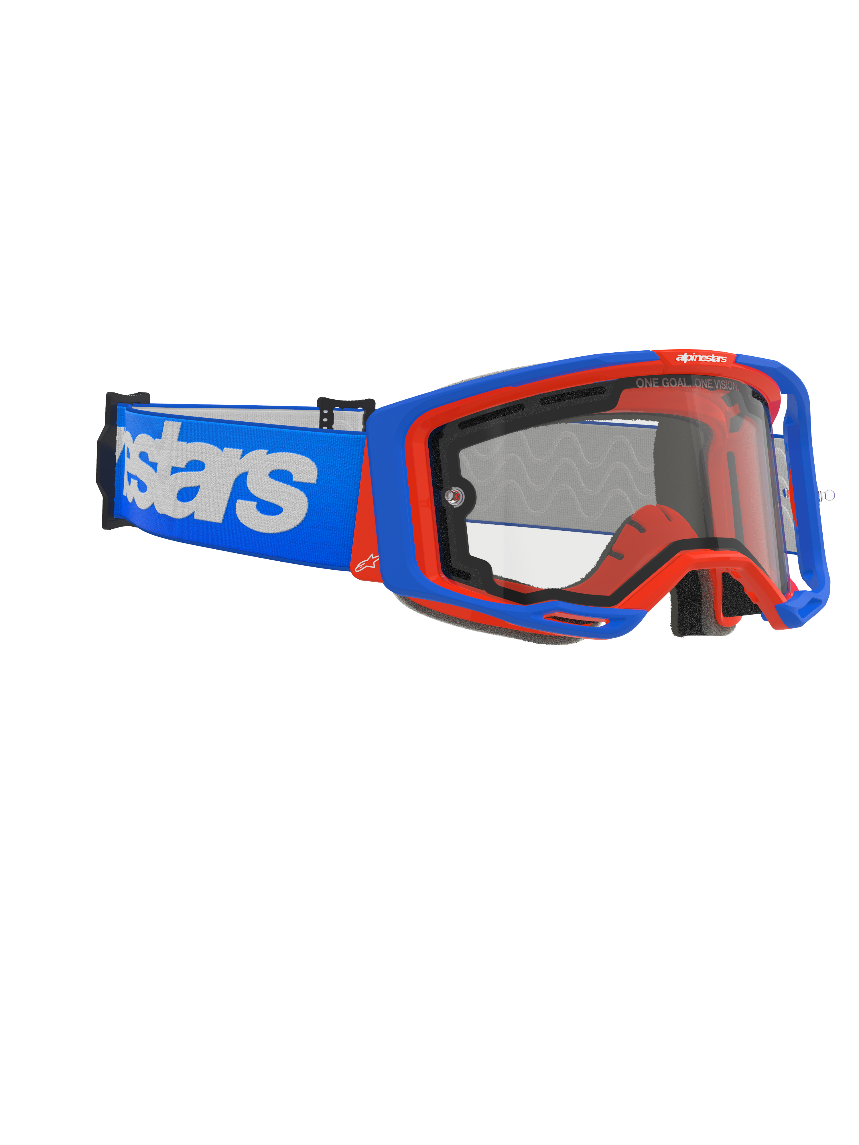 Alpinestars Vision 8 Wordmark Goggles Dual Pane, Motocross Goggles, Blue and Orange with Clear Lens, wide blue strap with bold white wordmark, ergonomic design for off-road racing.