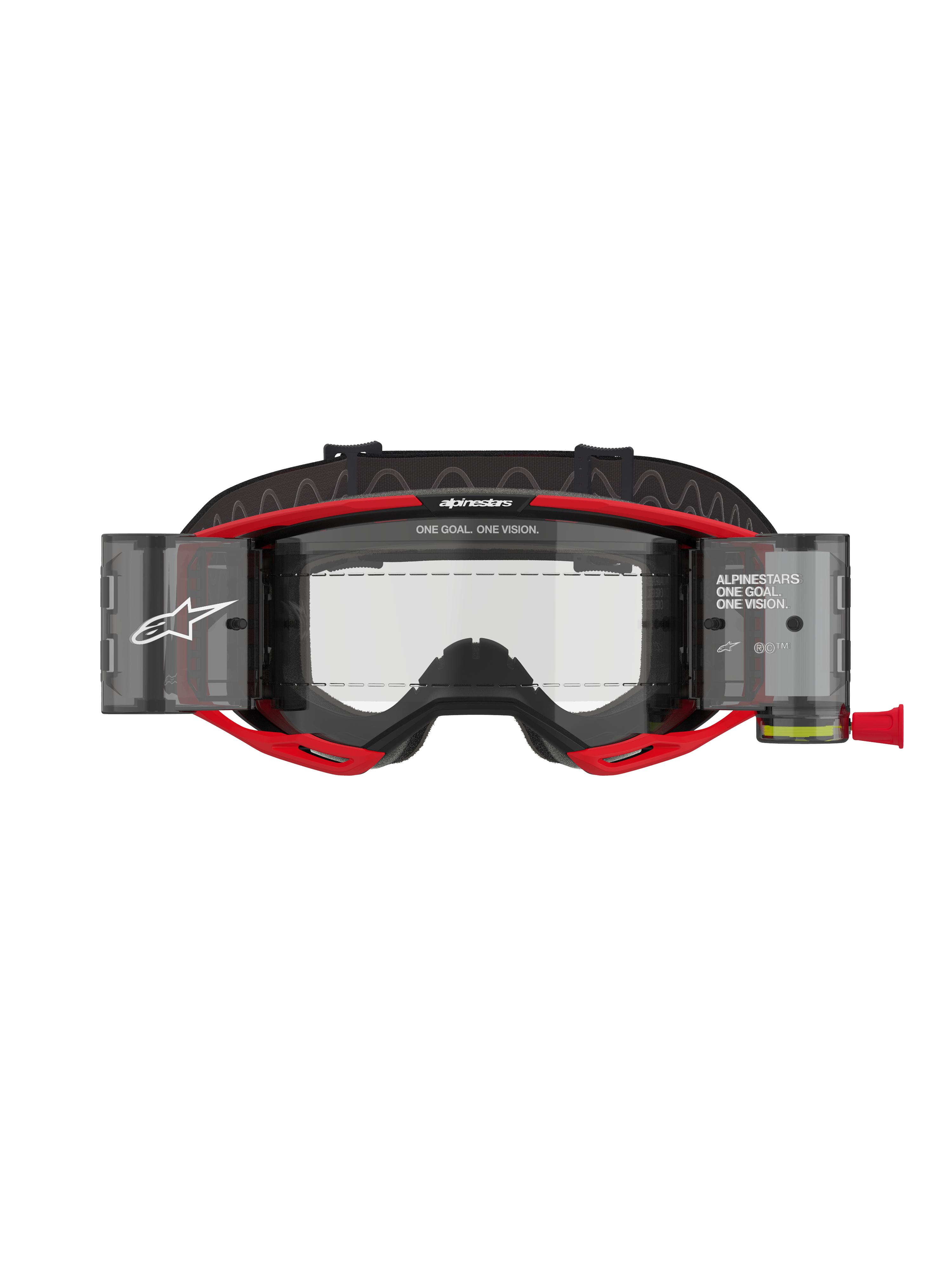 Alpinestars Vision 8 Luar Goggles Roll Off, Motocross Goggles, Red and Black, featuring a clear lens with integrated roll-off system canisters, bold Alpinestars branding with "ONE GOAL. ONE VISION." text, designed for off-road racing visibility