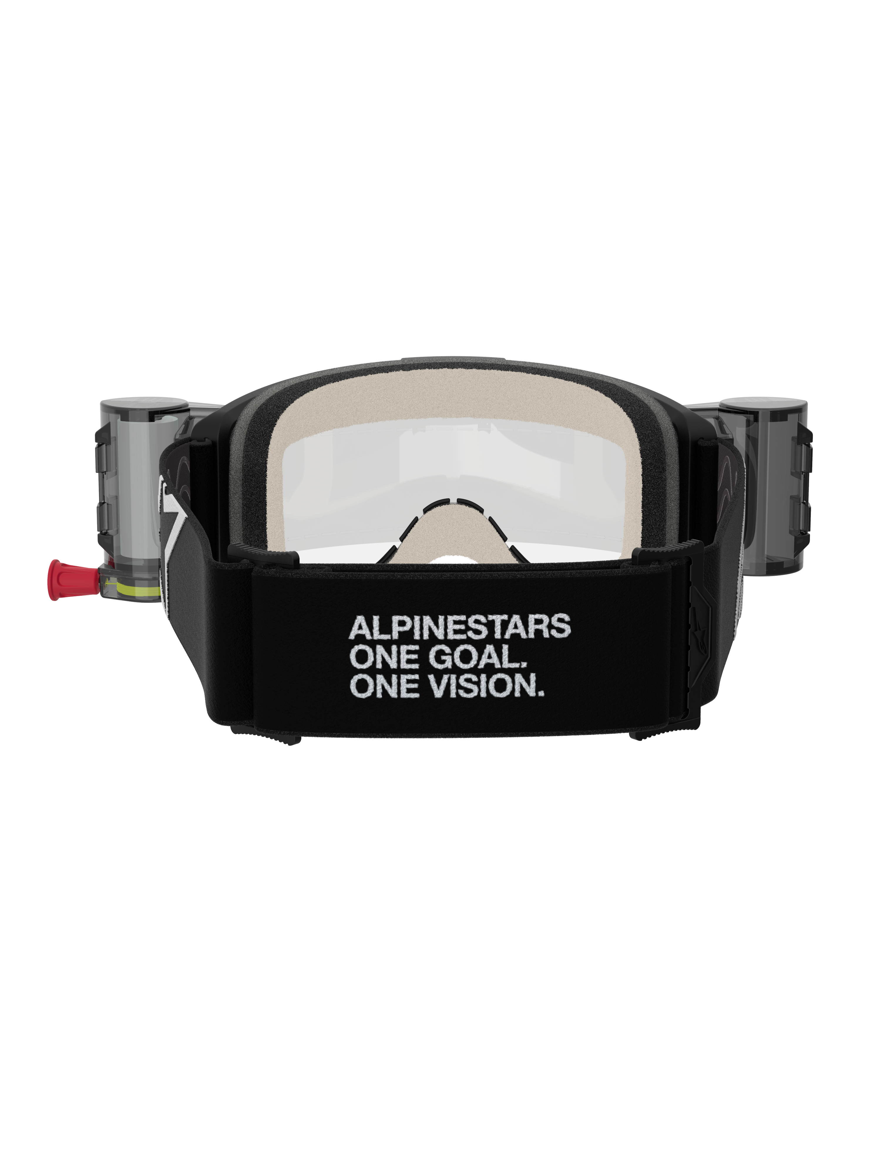 Alpinestars Vision 5 Corp Goggles Roll Off, Motocross Goggles, Black and Clear, rear view featuring a wide black strap with 'ALPINESTARS ONE GOAL. ONE VISION.' branding, roll-off system canisters, and comfortable multi-layer face foam