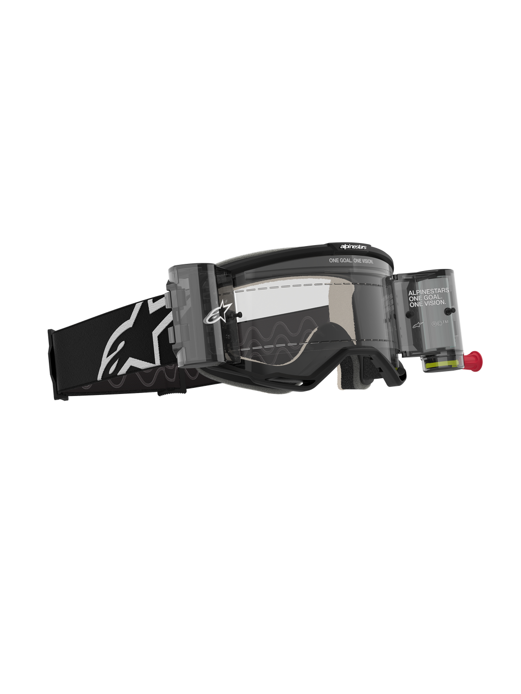 Alpinestars Vision 5 Corp Goggles Roll Off, Motocross Goggles, Black with Clear Lens, featuring Wide Vision Roll-Off system with canisters and film, black woven strap with white Alpinestars logo, high-performance eye protection for off-road racing.
