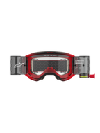 Alpinestars Vision 5 Blaze Goggles Roll Off, Motocross Goggles, Red frame with clear lens, featuring integrated Wide Vision Roll-Off system with side canisters, 'ONE GOAL. ONE VISION.' branding on the frame and lens, professional off-road eye protection.
