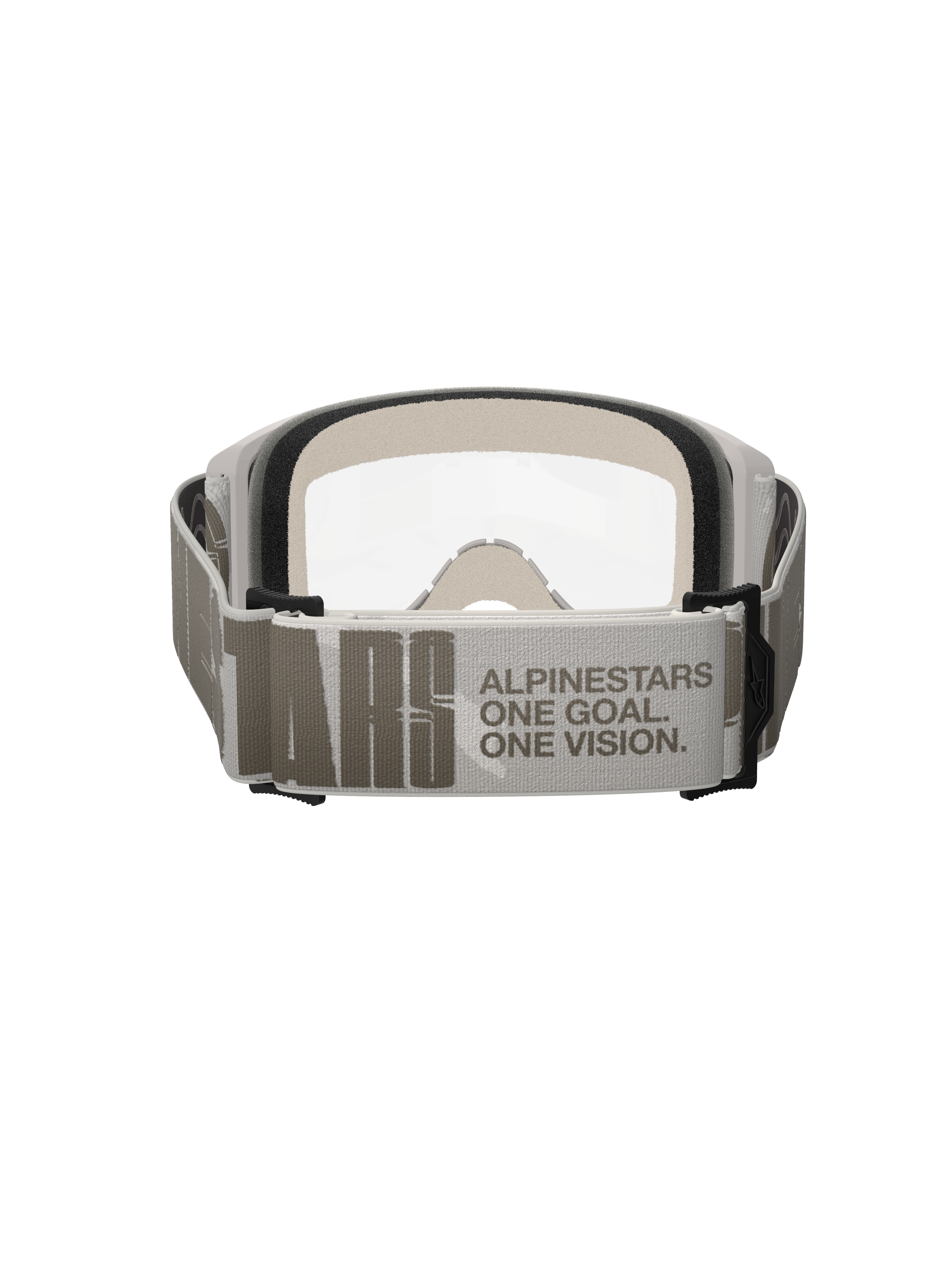 Alpinestars Vision 5 Hollow Goggles, Motocross Goggles, Wind Clear, rear view focusing on the wide light gray strap with Alpinestars branding and 'One Goal One Vision' slogan, white frame with clear lens and thick face foam visible