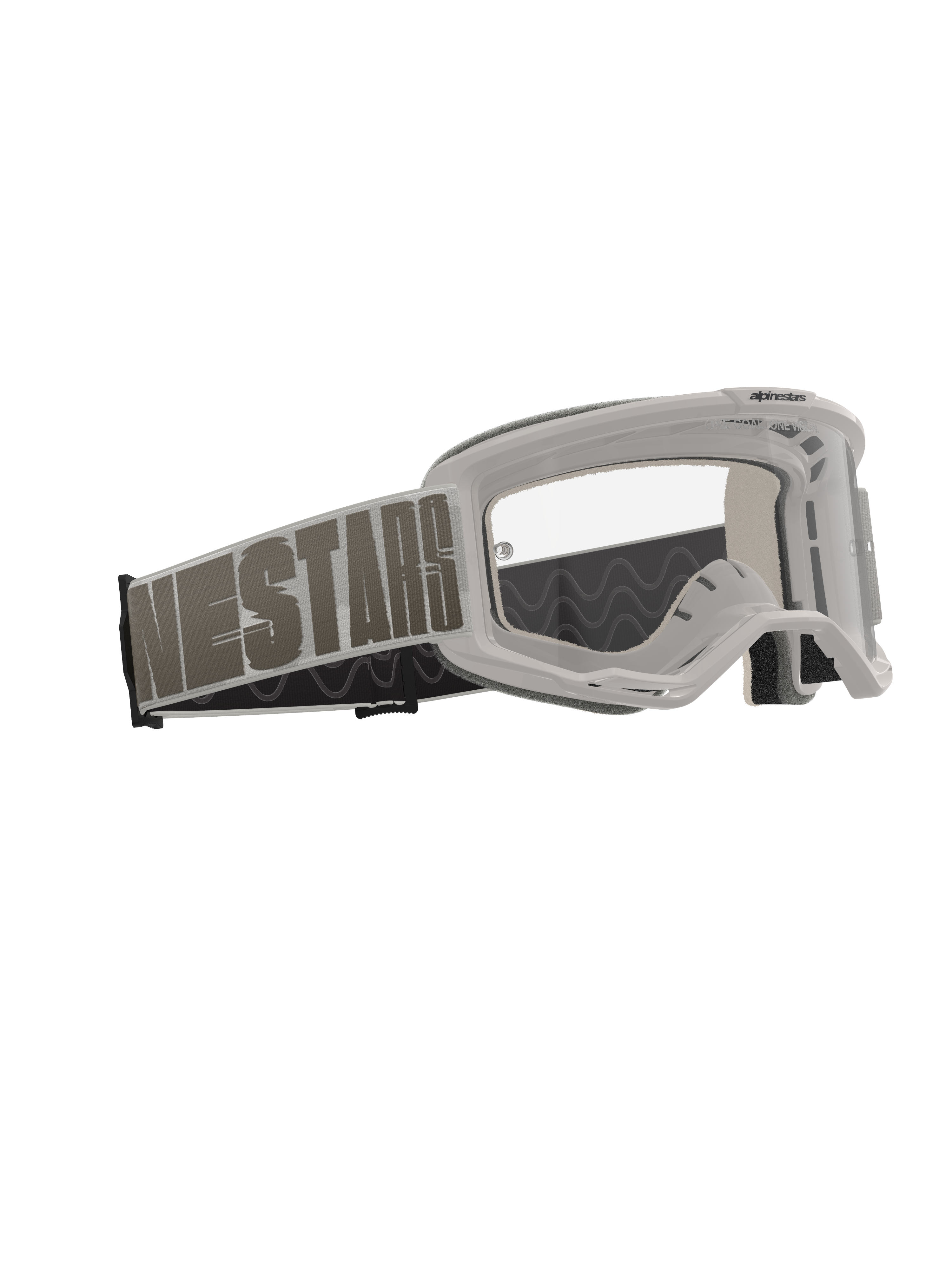 Alpinestars Vision 5 Hollow Goggles, Motocross Goggles, Wind Clear, light gray frame with clear anti-fog lens, wide woven strap with bold 'NESTARS' branding, high-performance protective eyewear for off-road racing