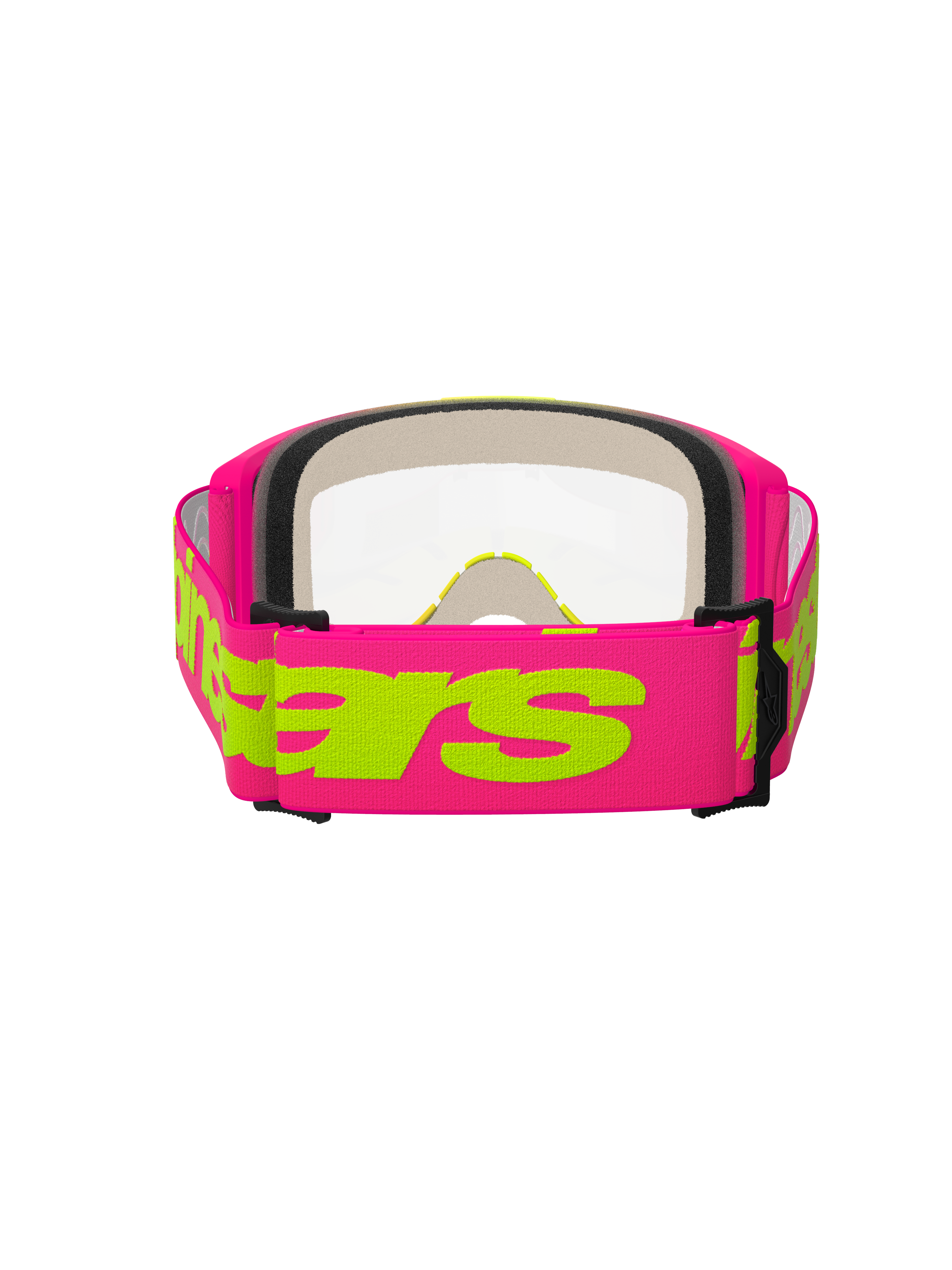 Alpinestars Vision 5 Wordmark Goggles, Motocross Goggles, Pink and Fluo Yellow, rear view showing the wide pink woven strap with neon yellow Alpinestars wordmark, clear lens, and multi-layer face foam padding