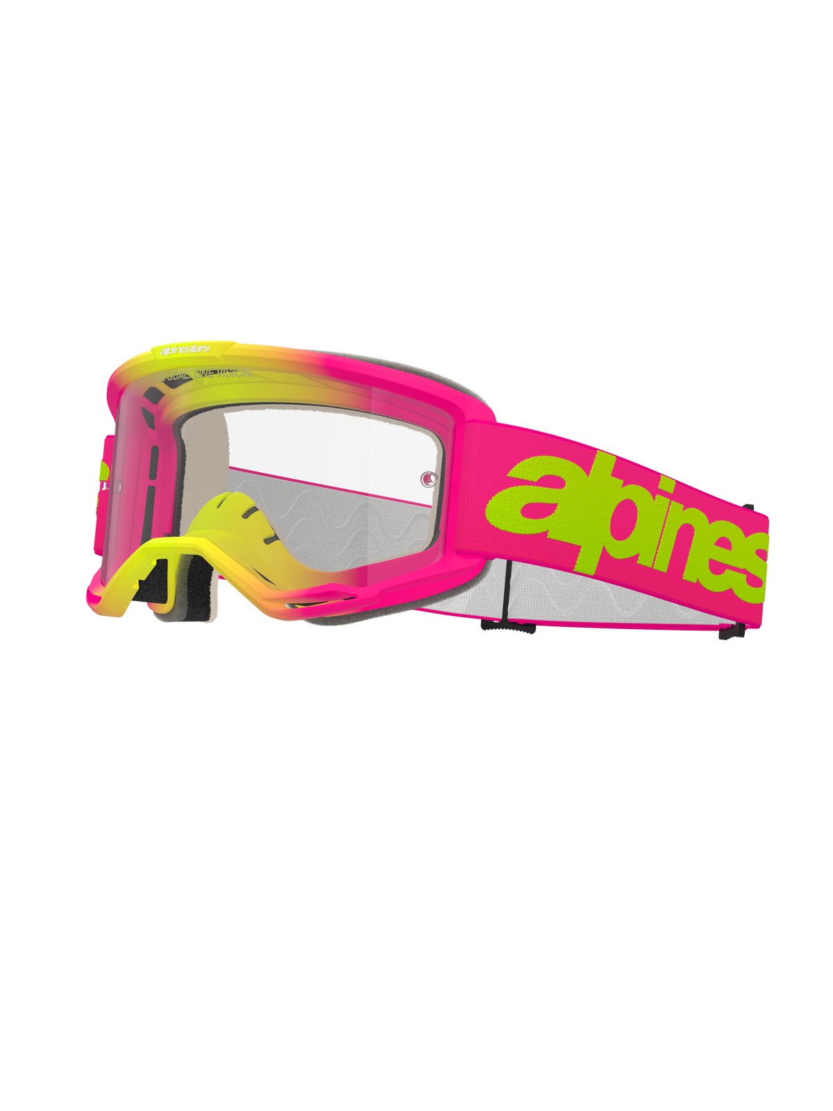 Alpinestars Vision 5 Wordmark Goggles, Motocross Goggles, Pink and Fluo Yellow, clear lens, bold lime green wordmark on pink strap, multi-layer face foam, ventilated design for off-road racing