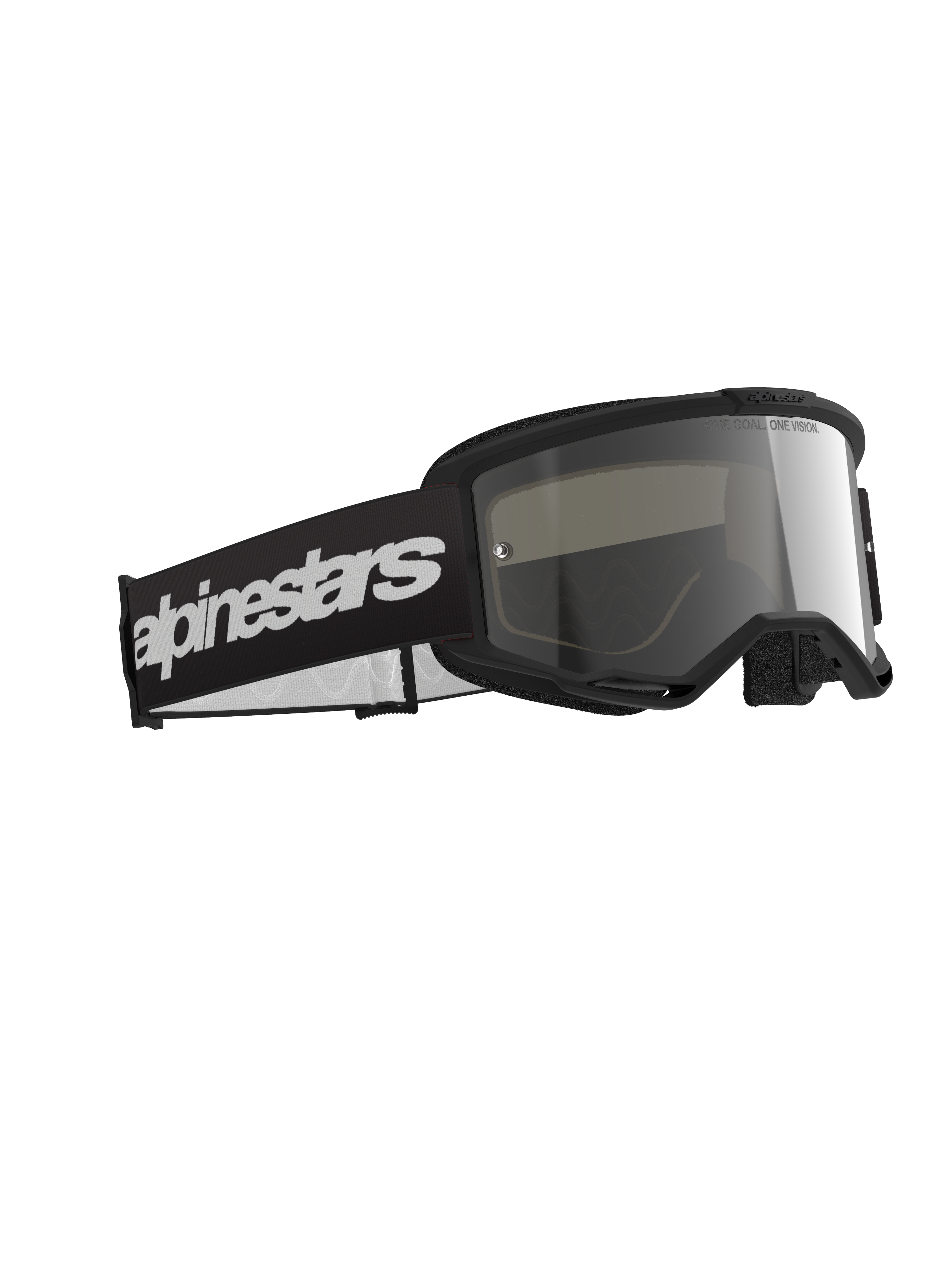Alpinestars Vision 3 Wordmark Goggles, Motocross Goggles, Black frame with Mirror Silver lens, wide black strap with bold white Alpinestars wordmark logo, sleek protective eyewear for off-road racing