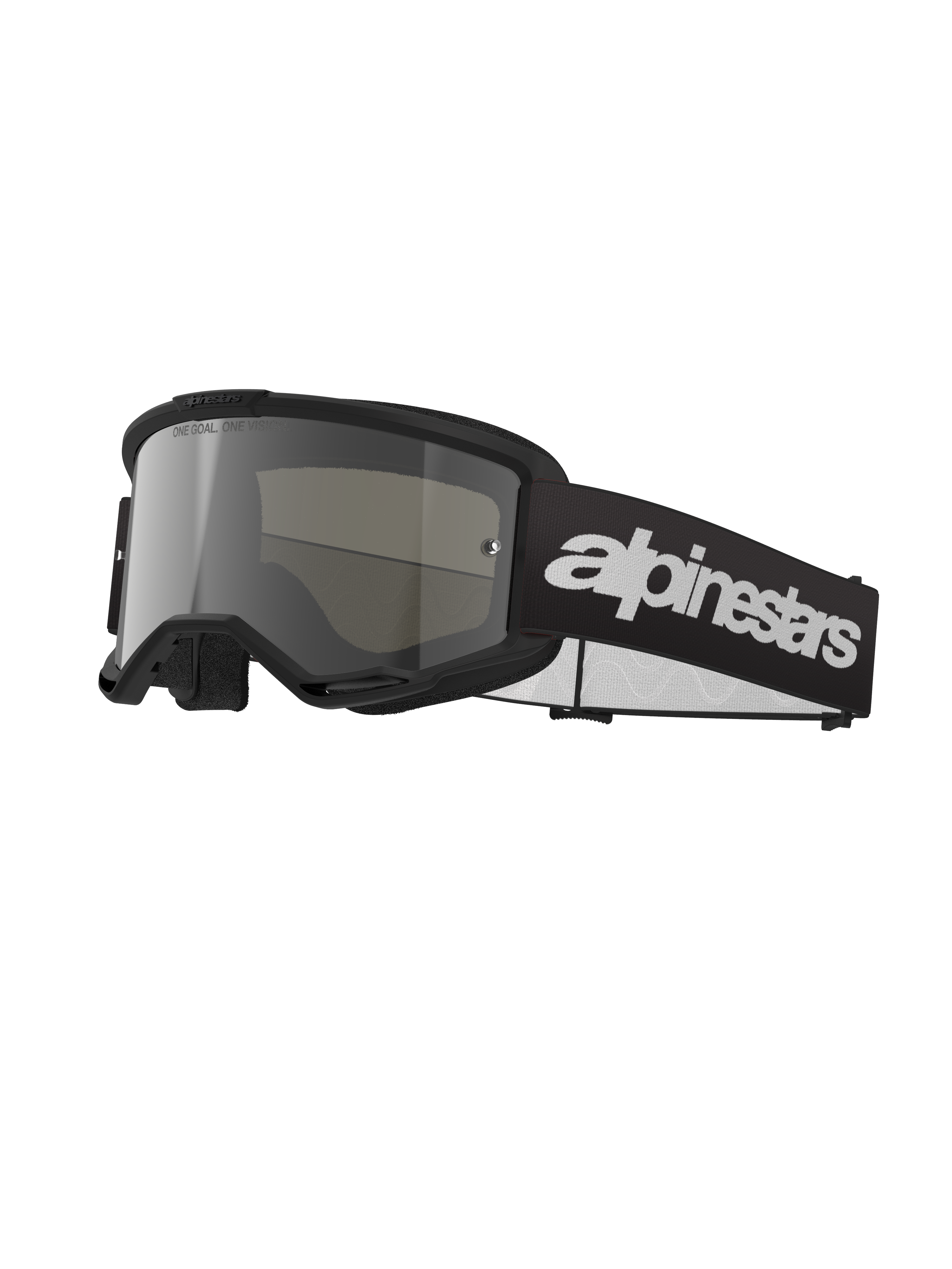 Alpinestars Vision 3 Wordmark Goggles, Motocross Goggles, Black and Mirror Silver, wide silver tinted lens, adjustable black strap with prominent white wordmark logo, foam-lined frame with ventilation ports, designed for off-road racing