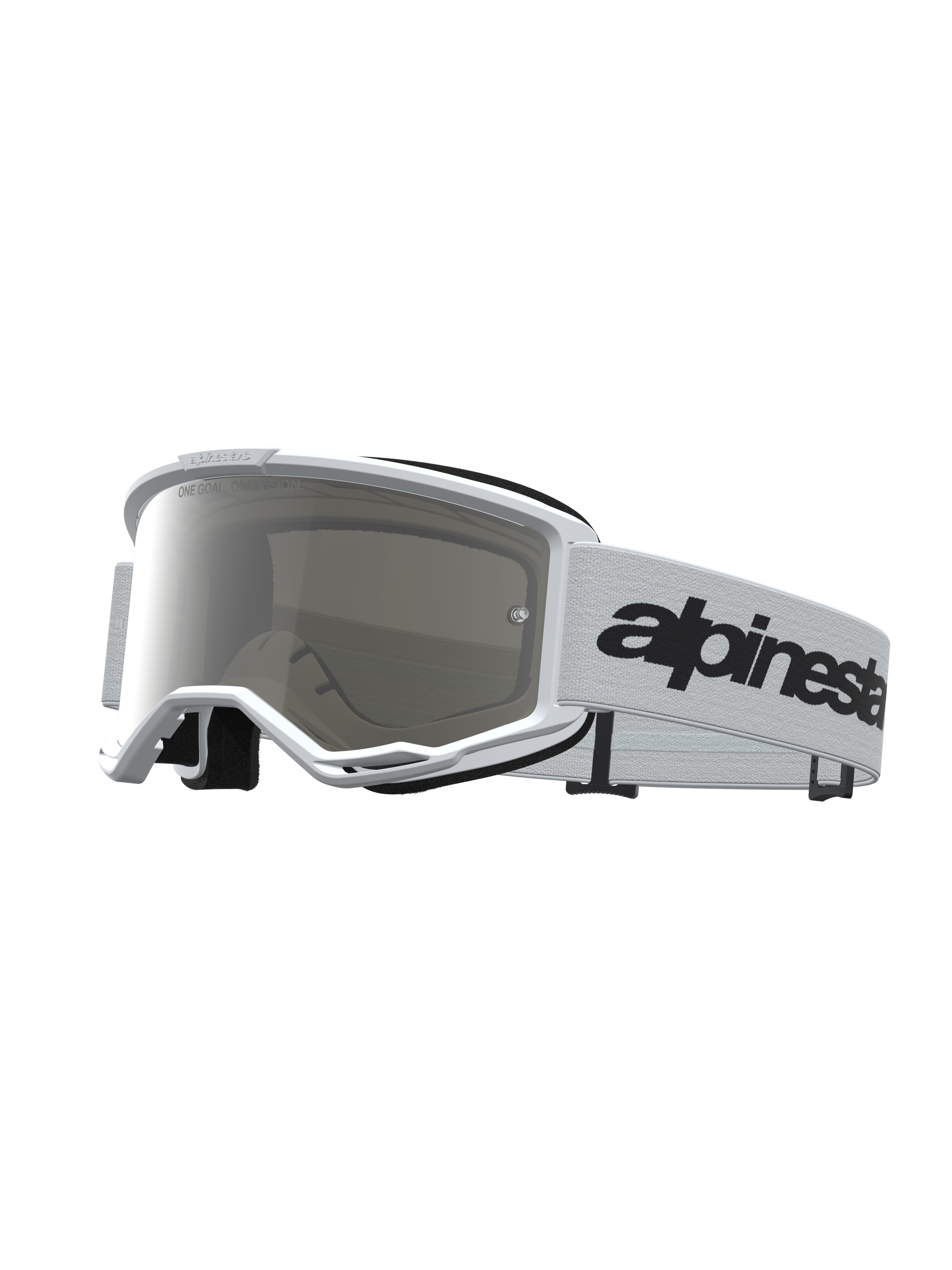 Alpinestars Vision 3 Wordmark Mirror Goggles, white motocross goggles with mirror silver anti-fog lens and black wordmark strap.