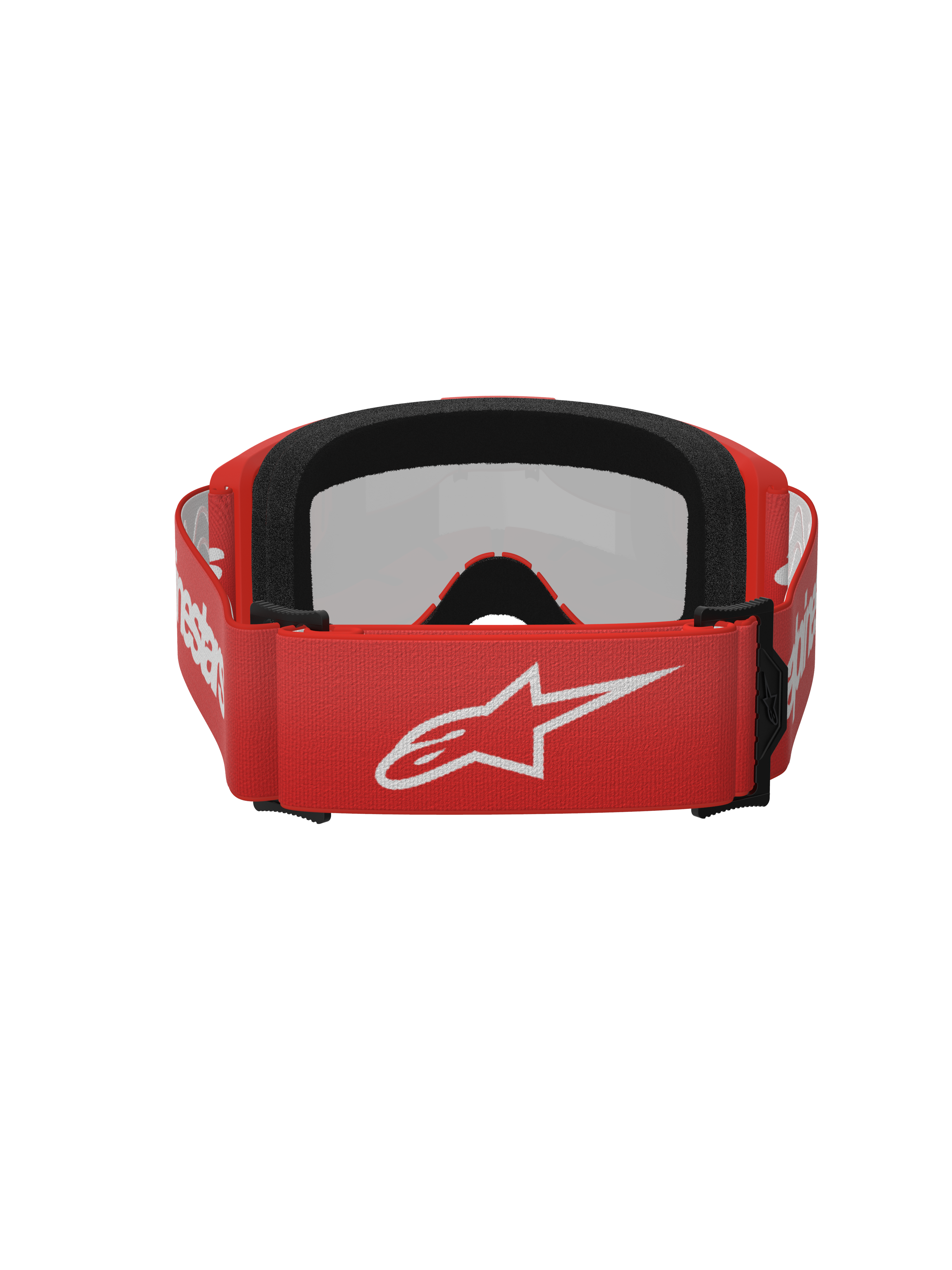 Alpinestars Vision 3 Wordmark Goggles, Motocross Goggles, Red Mirror Silver, rear view featuring a red woven strap with a white Alpinestars logo, black EO15 face foam, and adjustable fit for off-road performance.