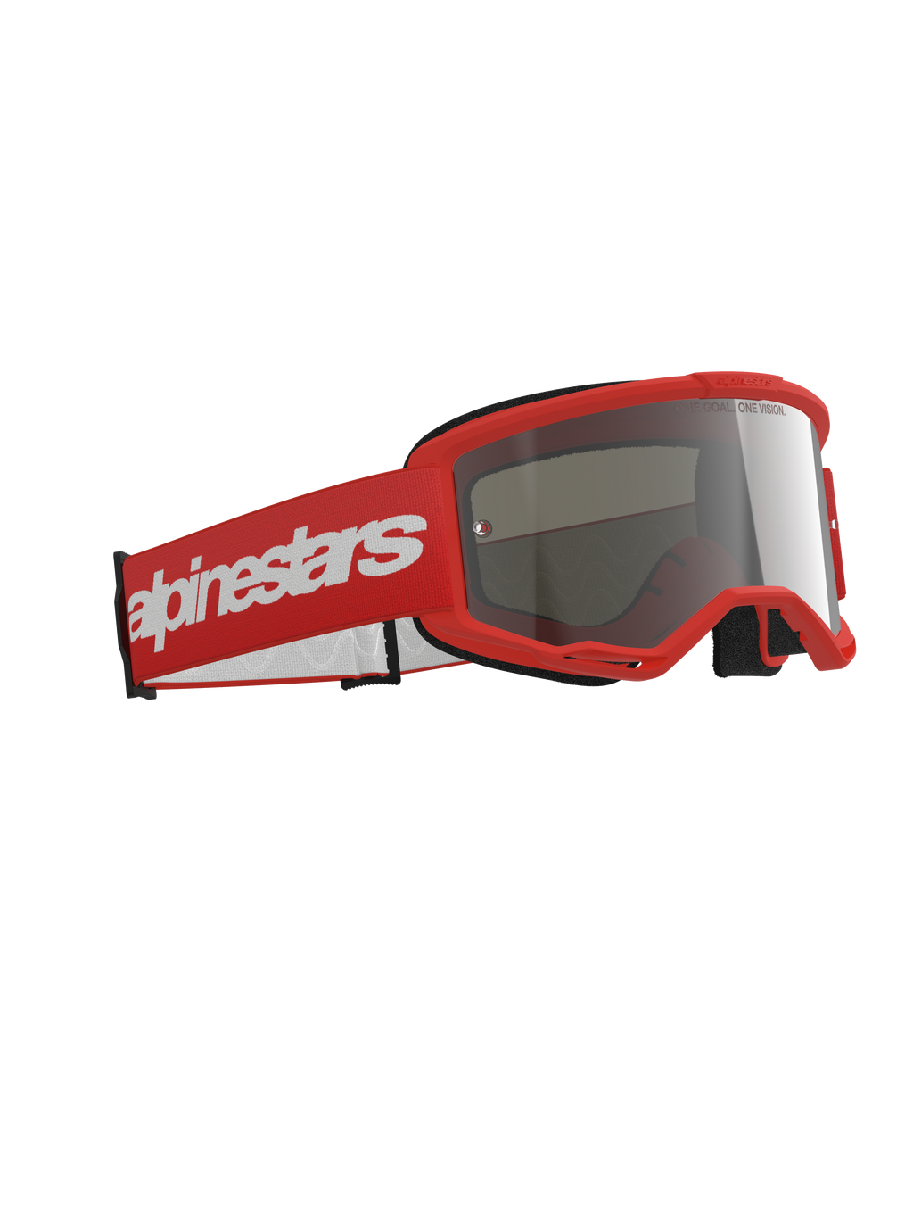 Alpinestars Vision 3 Wordmark Goggles, Motocross Goggles, Red frame with a matching red strap featuring a large white wordmark logo, silver mirror lens, designed for off-road and motocross racing