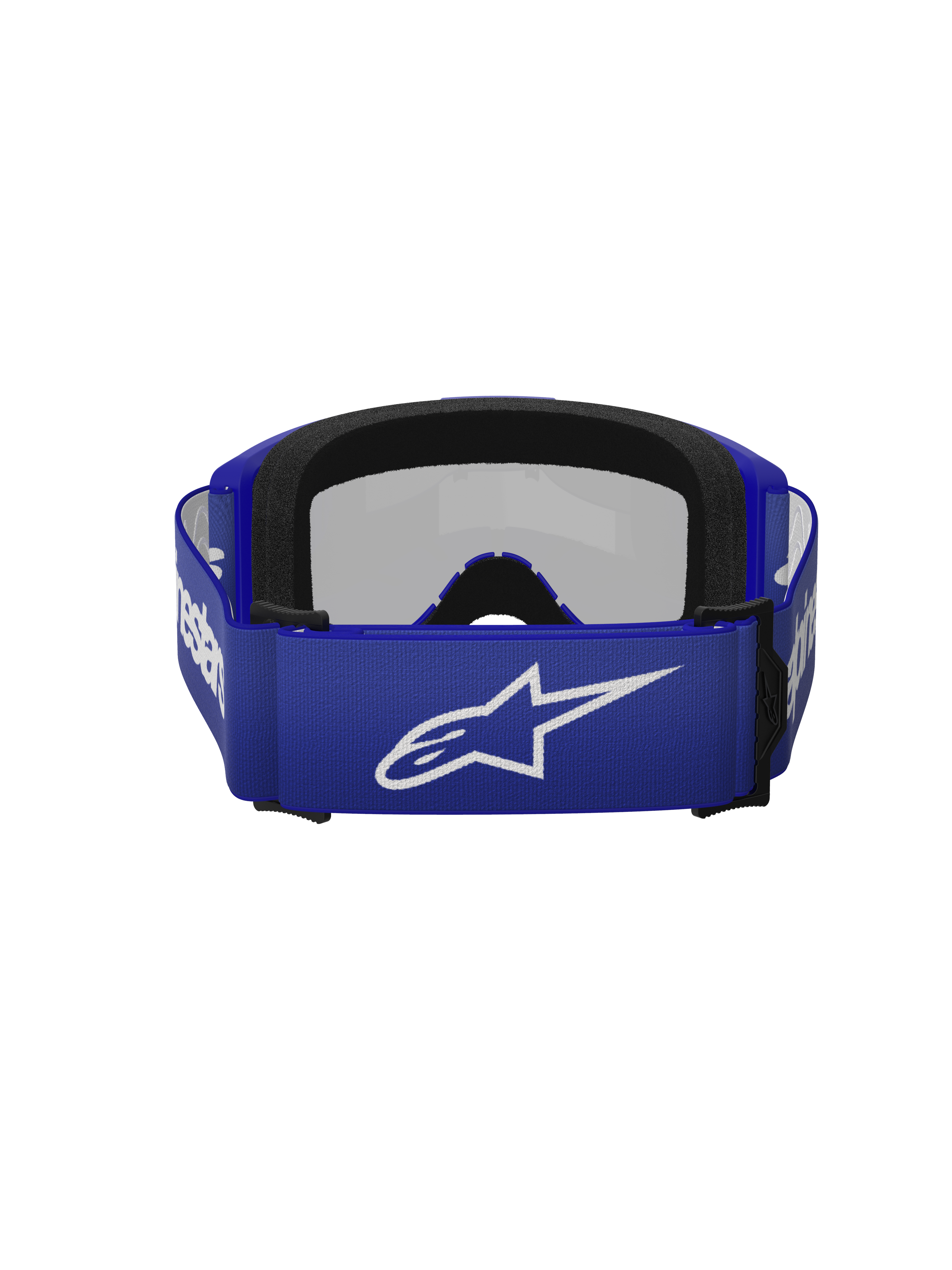 Alpinestars Vision 3 Wordmark Goggles, Motocross Goggles, Blue Mirror Silver, rear view showing blue woven strap with white Alpinestars logo and dual-layer black face foam
