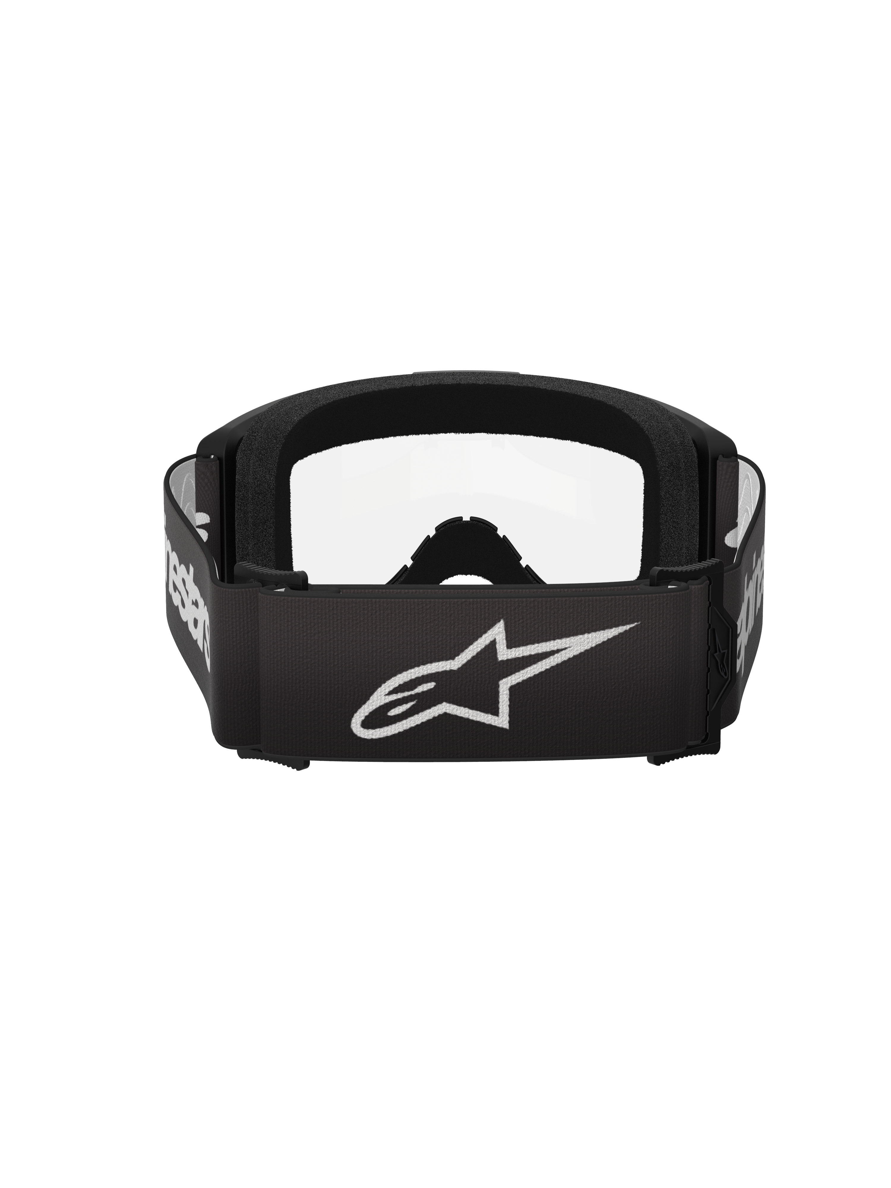 Alpinestars Vision 3 Wordmark Goggles, Motocross Goggles, Black and Clear, rear view featuring a wide black strap with a white Alpinestars star logo and wordmark, thick black face foam, and clear lens.