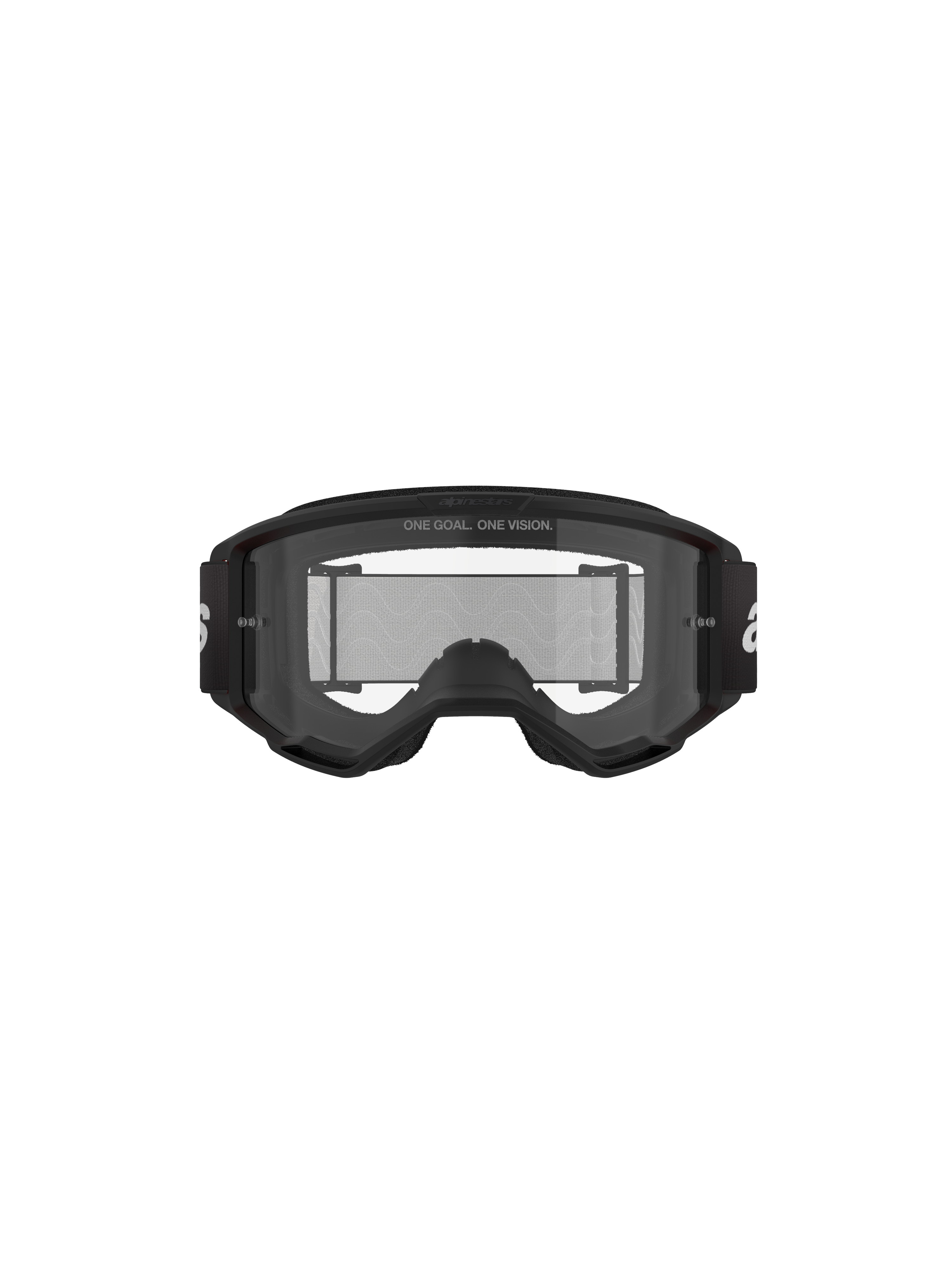 Alpinestars Vision 3 Wordmark Goggles, Motocross Goggles, Black and Clear, front view featuring clear anti-fog lens, A-FLEX frame, black strap with white Alpinestars logo, and 'ONE GOAL. ONE VISION.' slogan detail.