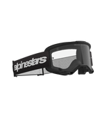 Alpinestars Vision 3 Wordmark Goggles, Motocross Goggles, Black and Clear, featuring a wide black strap with a bold white wordmark logo, clear anti-fog lens with "ONE GOAL. ONE VISION." text, sleek performance design for off-road racing