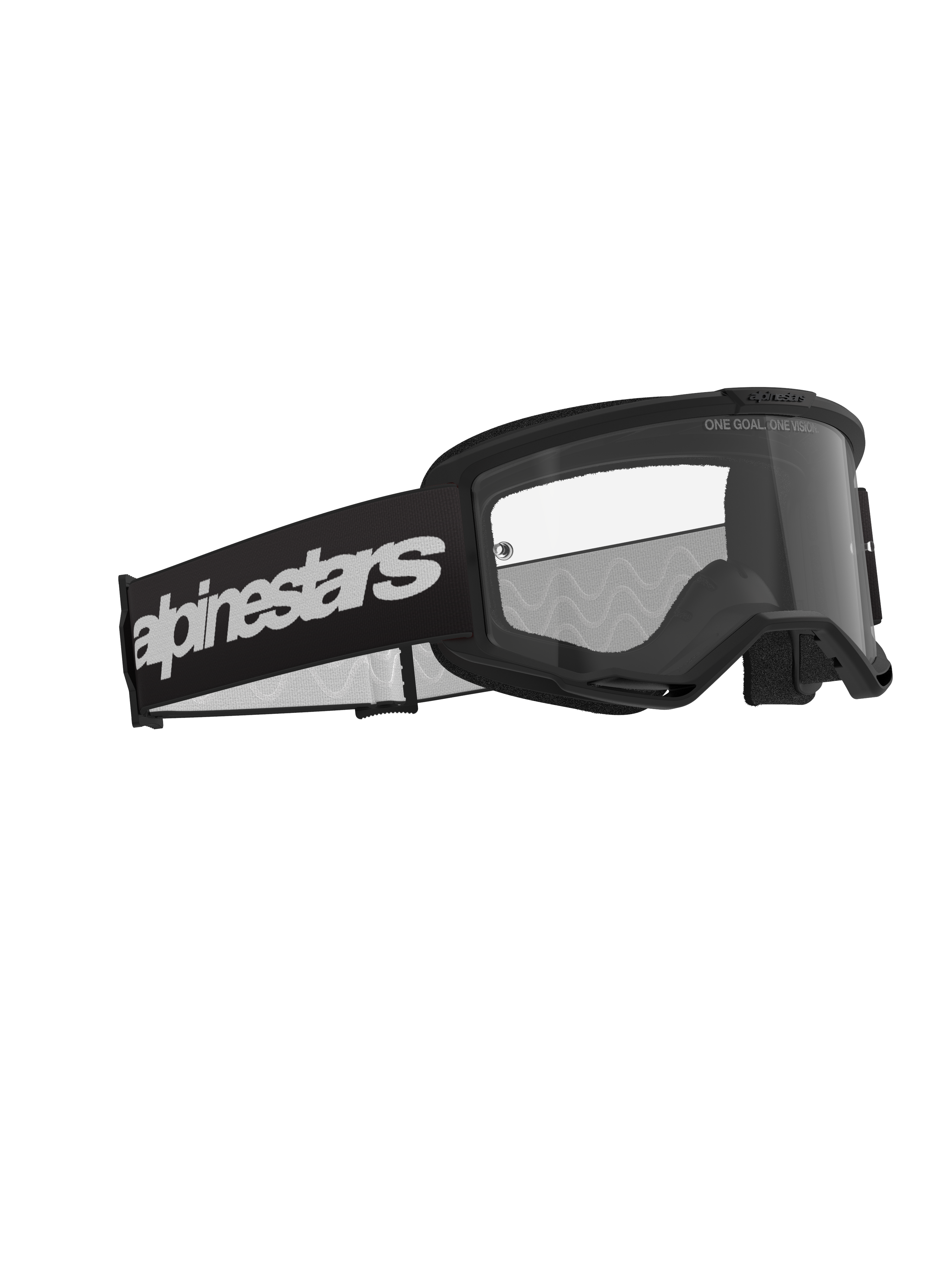 Alpinestars Vision 3 Wordmark Goggles, Motocross Goggles, Black and Clear, featuring a wide black strap with a bold white wordmark logo, clear anti-fog lens with "ONE GOAL. ONE VISION." text, sleek performance design for off-road racing