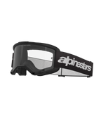 Alpinestars Vision 3 Wordmark Goggles, Motocross Goggles, Black and Clear, featuring bold white Alpinestars branding on the strap, a clear lens with 'ONE GOAL. ONE VISION.' text, and a sleek minimalistic frame design.