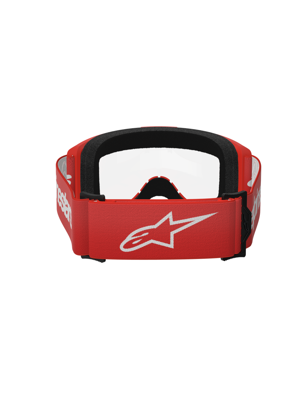 Alpinestars Vision 3 Wordmark Goggles, Motocross Goggles, Red and Clear, Rear view showing red woven strap with large white Alpinestars logo and black face foam padding