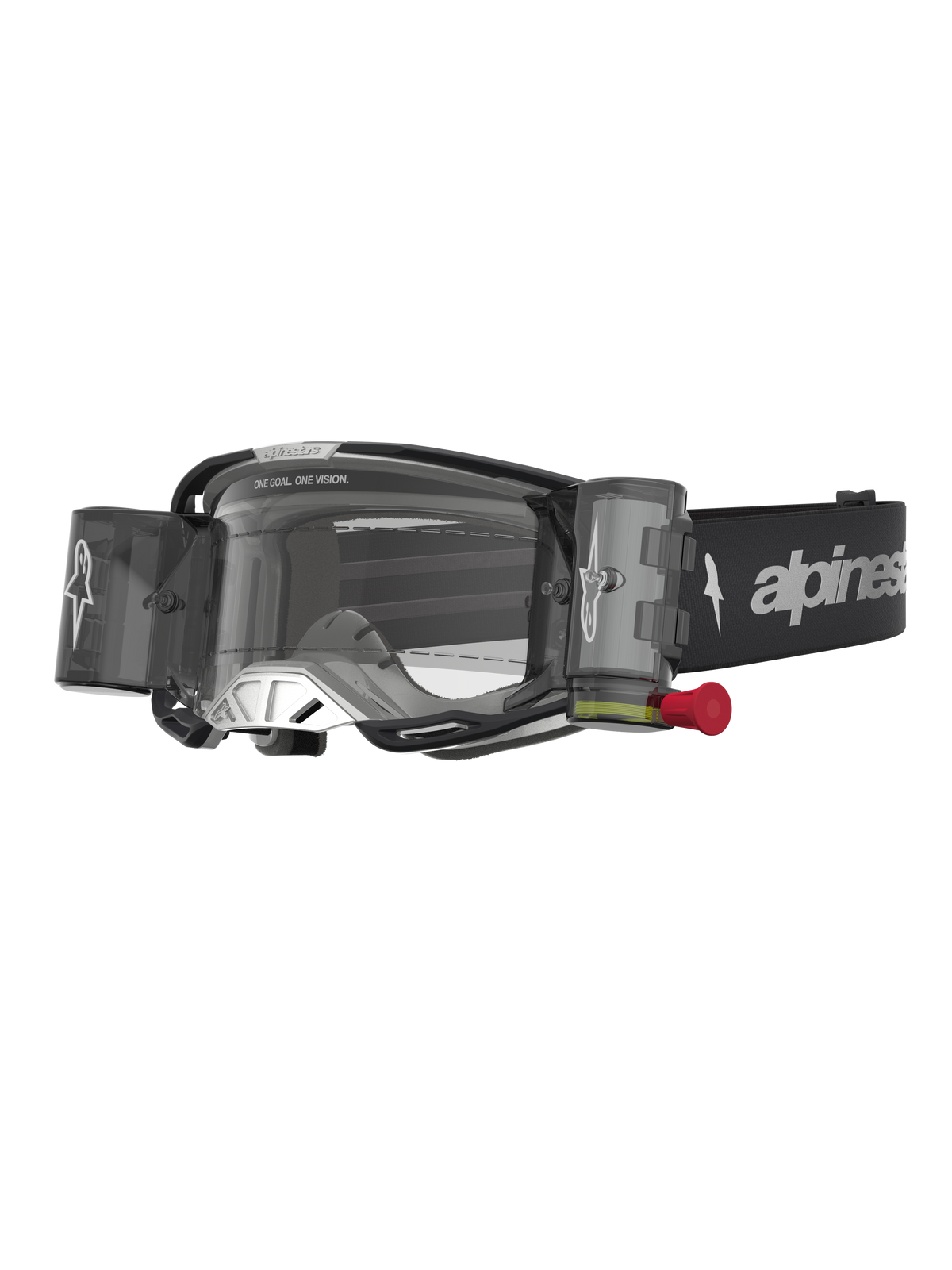Alpinestars Vision 8 Amber Roll Off Goggles, motocross eyewear in black and silver with a clear roll-off lens system.