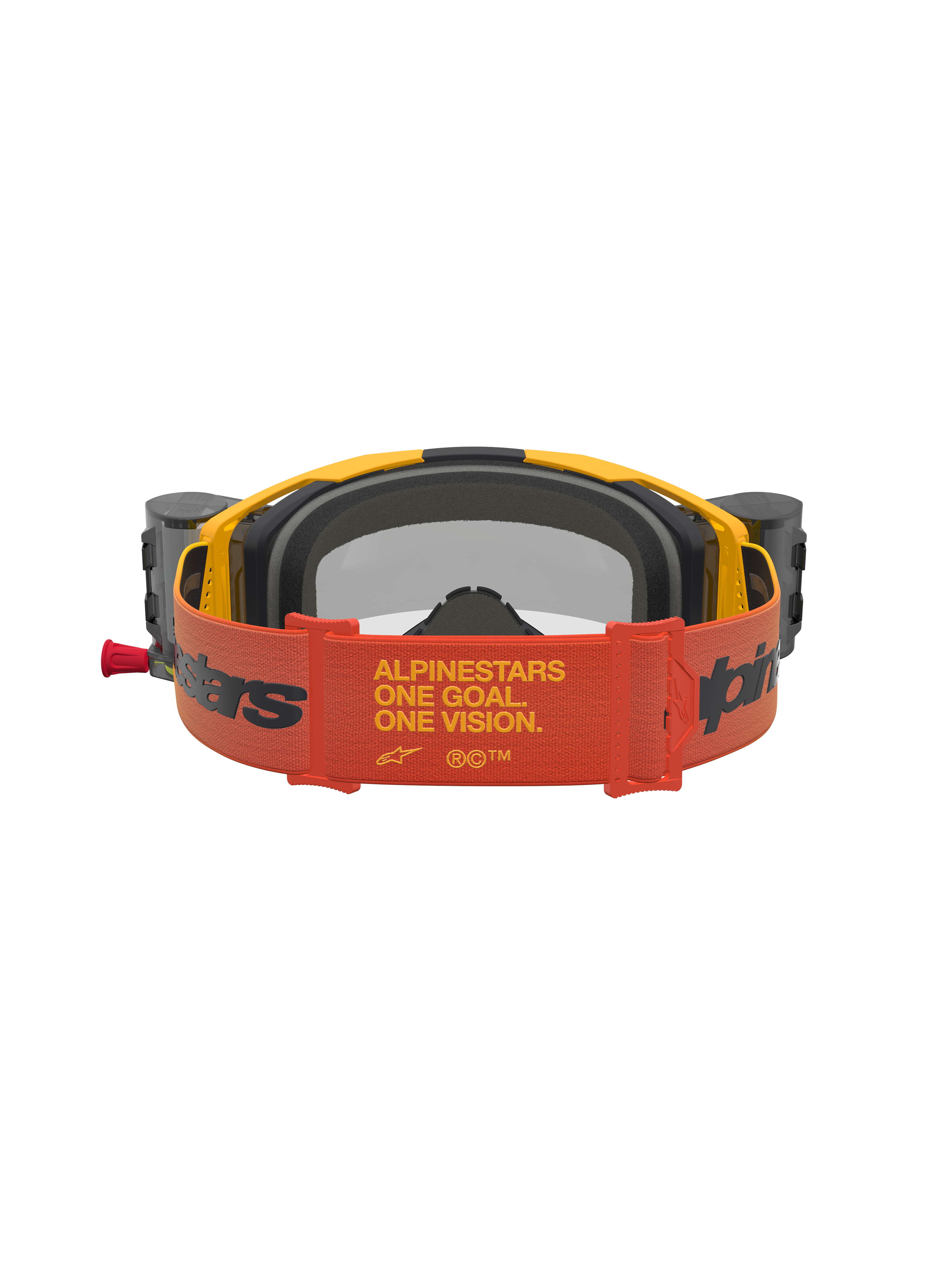 Alpinestars Vision 8 Amber Roll Off Motocross Goggles, Yellow and Red, with wide branded strap and roll-off system.