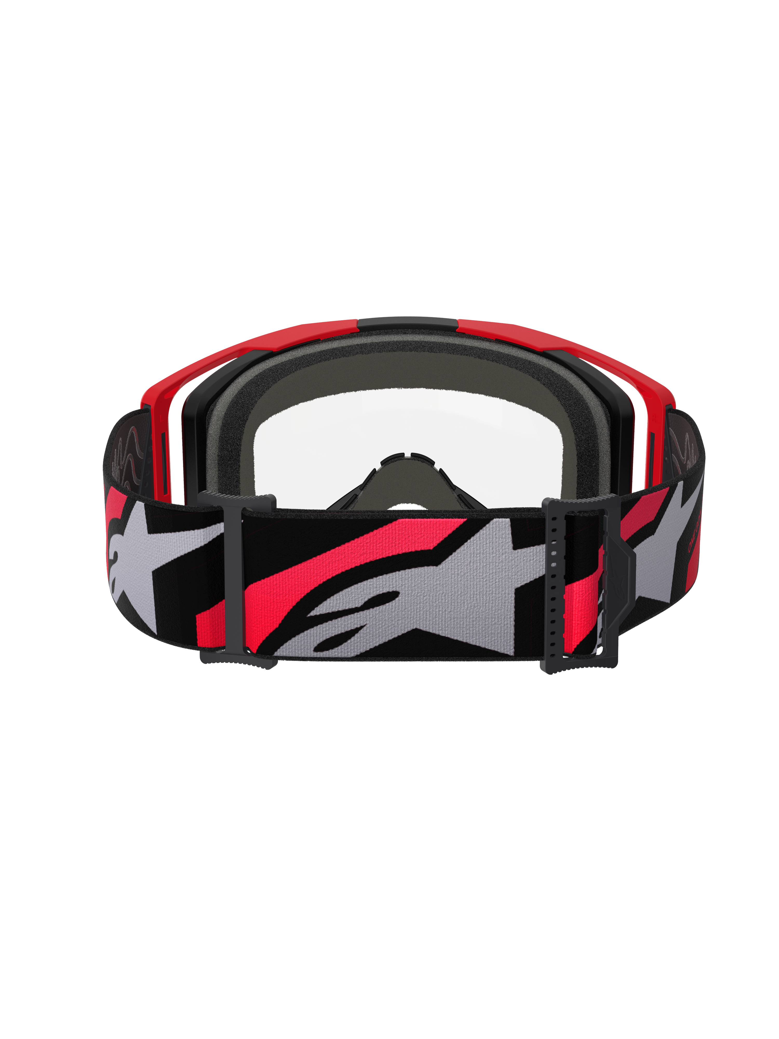 Alpinestars Vision 8 Luar Goggles, Motocross Goggles, Red Black and Clear, rear view featuring a wide woven strap with bold star logo, multi-layer face foam, and lightweight A-FLEX frame design
