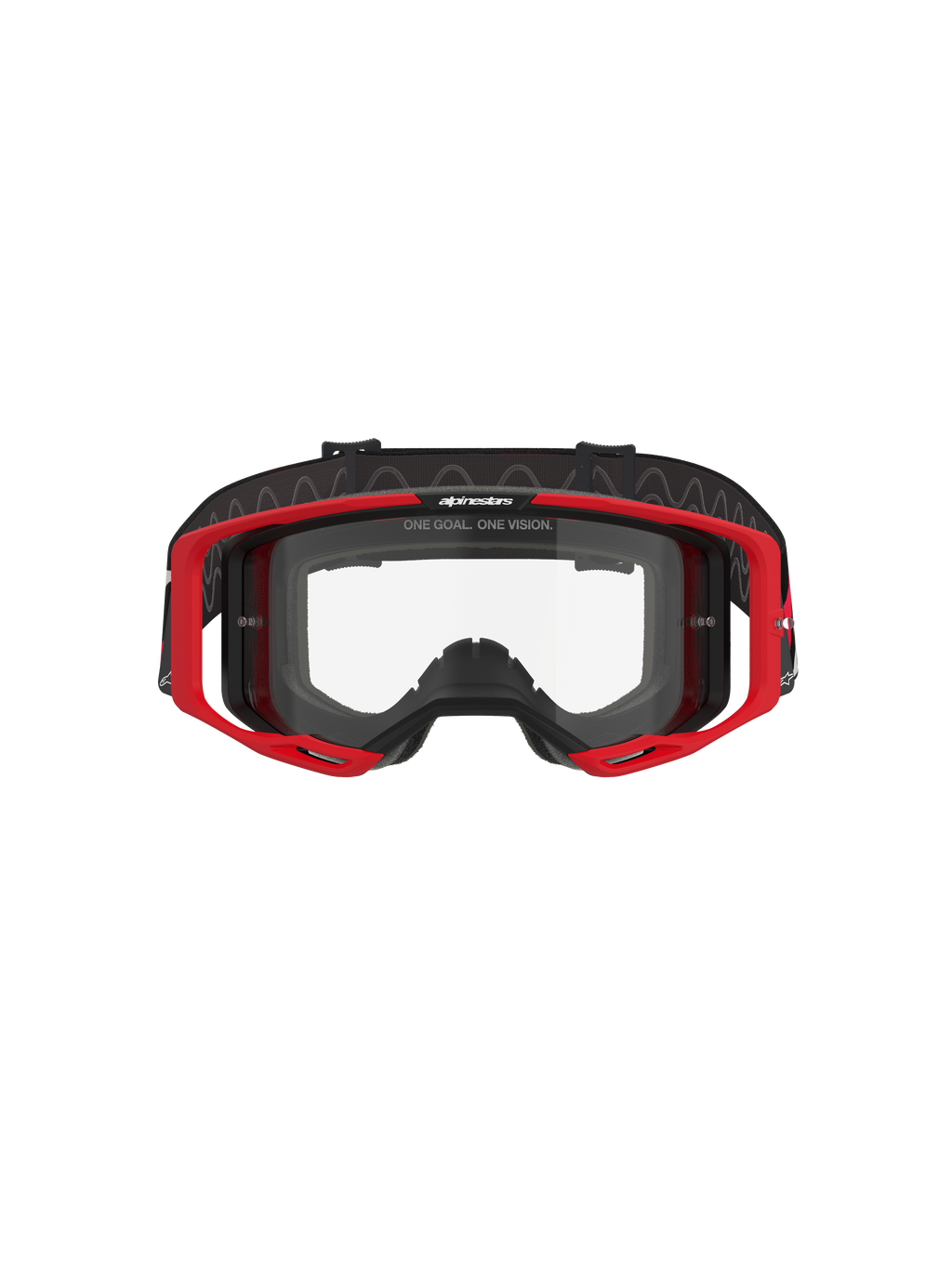 Alpinestars Vision 8 Luar Goggles, Motocross Goggles, Red Black and Clear, featuring a red A-FLEX frame, clear anti-fog polycarbonate lens, black adjustable woven strap with logo, high-performance eye protection for off-road racing
