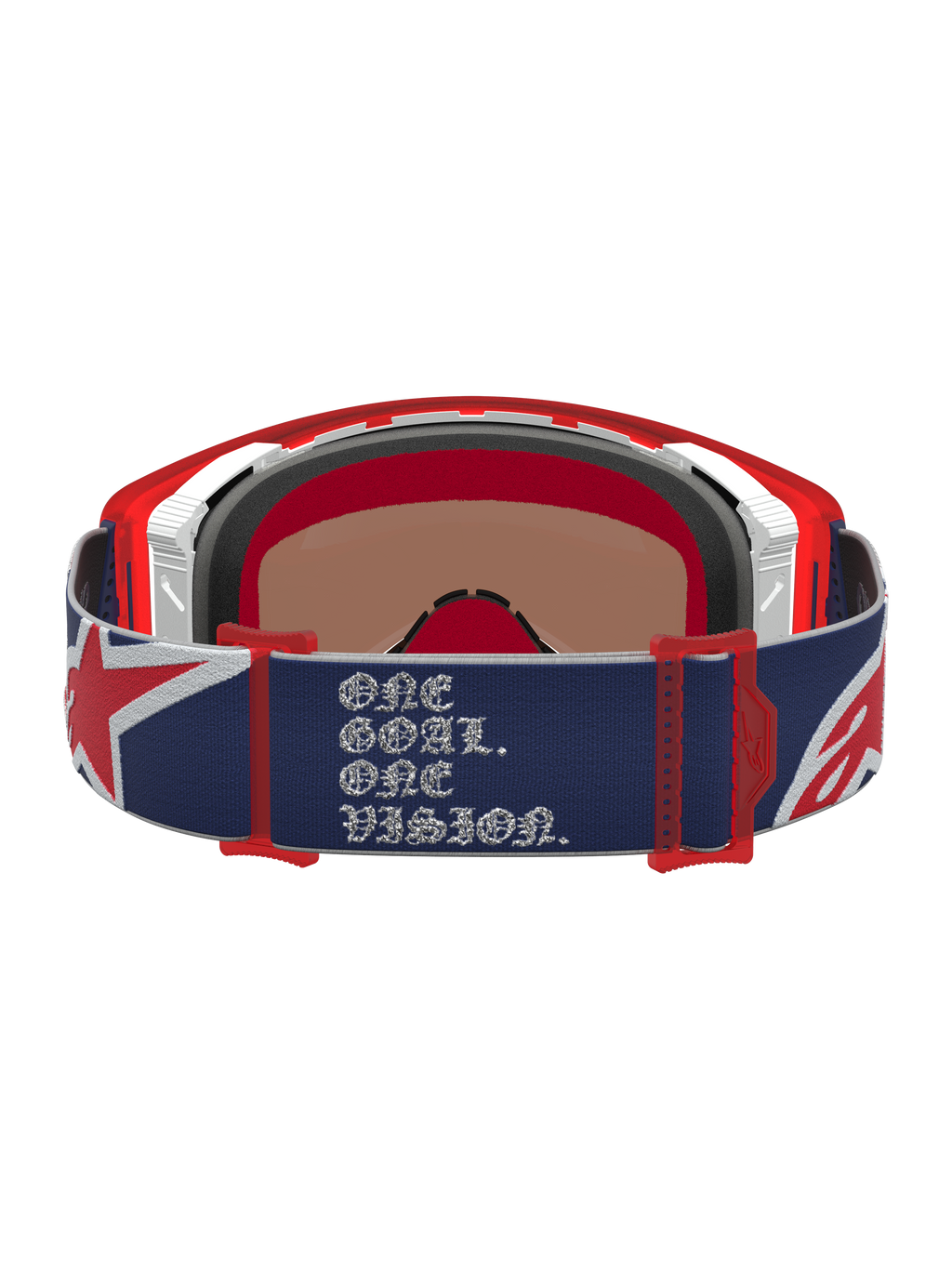 Alpinestars Limited Edition Supertech Fiftyfold Motocross Goggles, Blue and Red, featuring One Goal One Vision strap text.