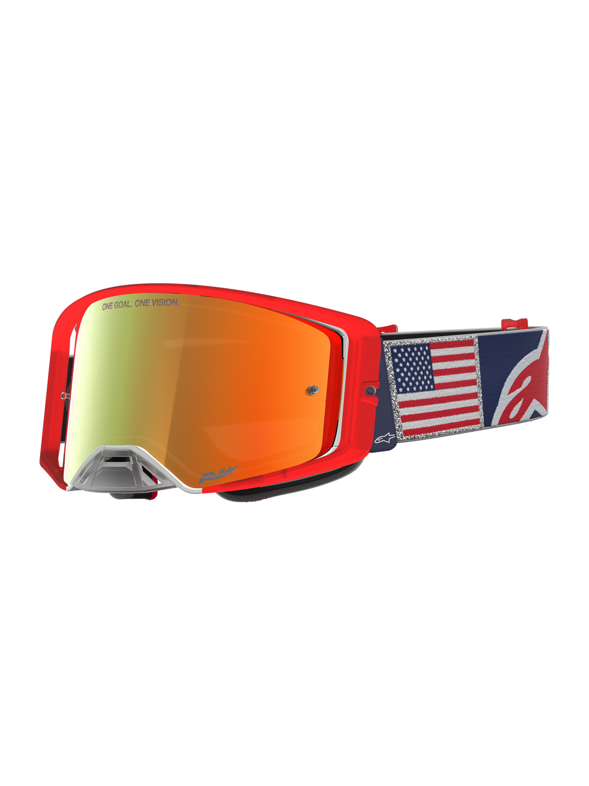 Alpinestars Supertech Fiftyfold Goggles, blue and red limited edition MX eyewear with mirrored lens and USA flag strap.