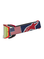 Alpinestars Limited Edition Supertech Fiftyfold Motocross Goggles, red frame with blue US flag strap and mirrored lens.