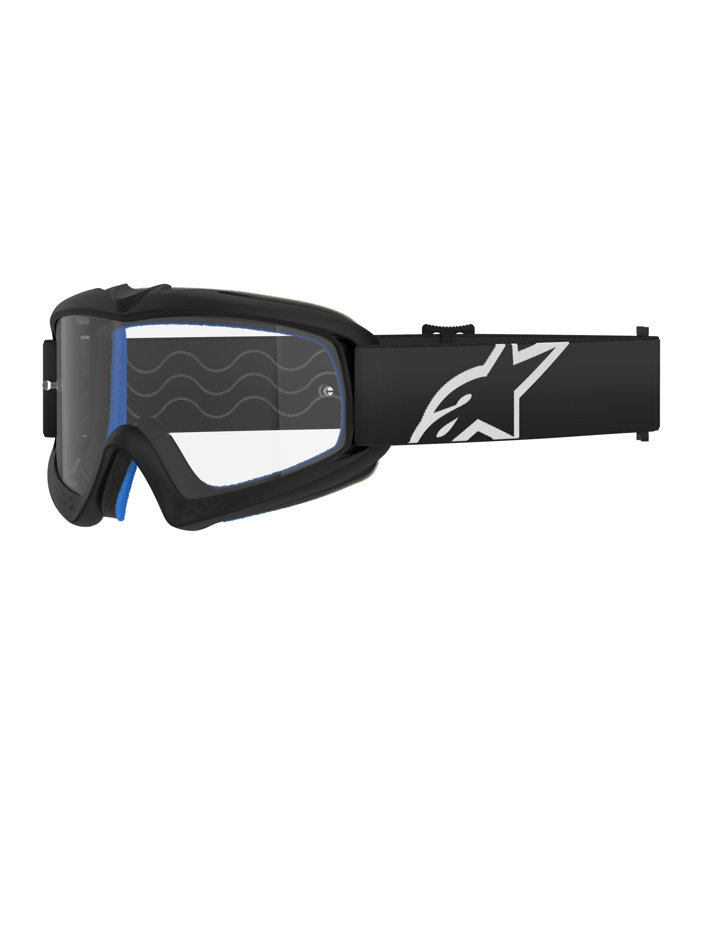 Alpinestars Vision Youth Corp Goggles, Motocross Goggles for Youth, Black with Blue Padding, Clear Lens with Wavy Pattern, Black Strap with White Star Logo, Sleek Modern Design