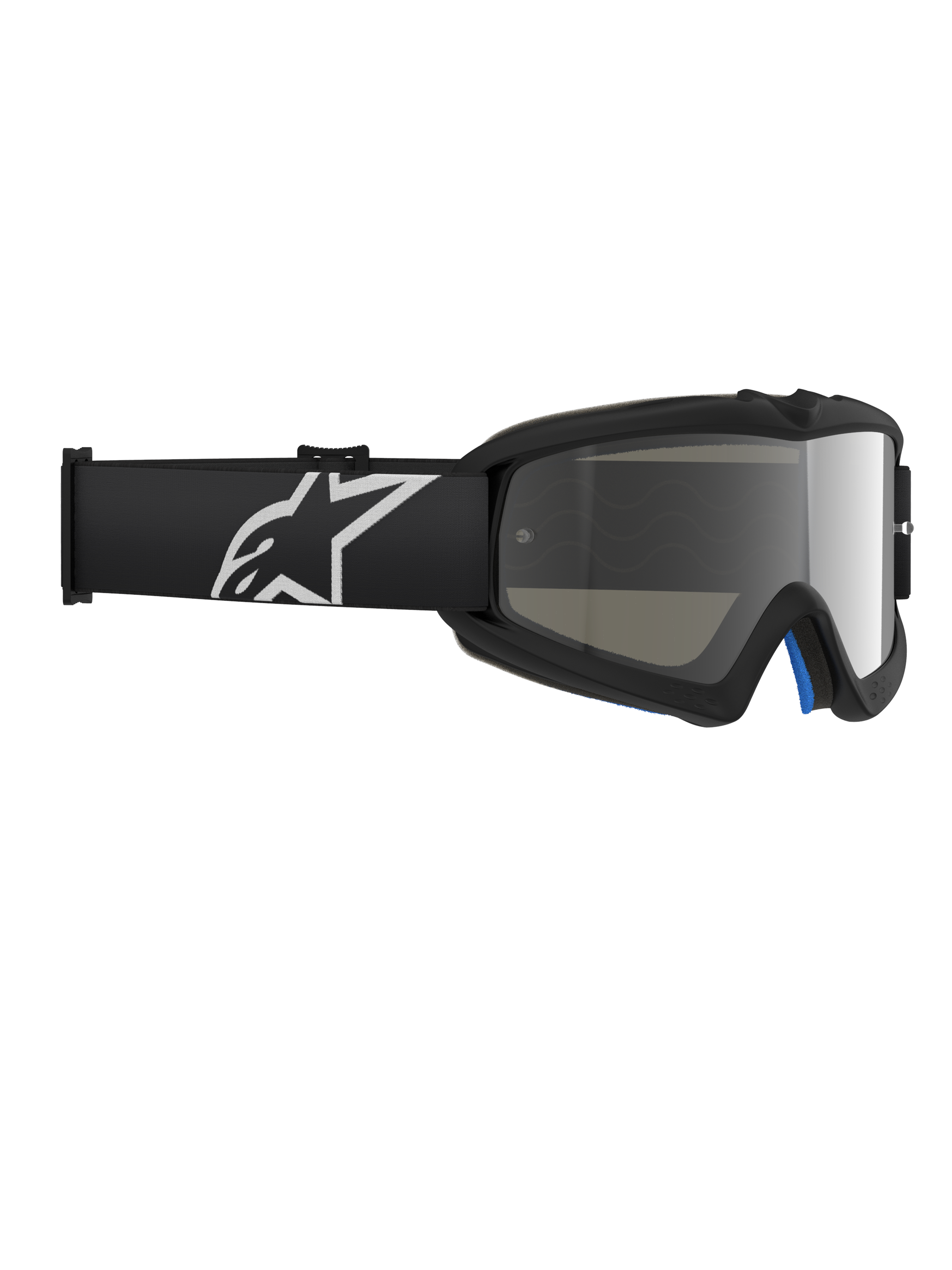 Alpinestars Vision Youth Corp Goggles, Motocross Goggles, Black Mirror Silver, featuring a mirrored polycarbonate lens and a black strap with a white Alpinestars logo, designed for youth riders
