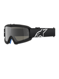 Alpinestars Vision Youth Corp Goggles, Black motocross goggles with a silver mirror lens, youth size, black adjustable strap with white star logo, blue interior foam padding, designed for off-road motorcycle racing