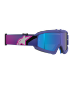 Alpinestars Vision Youth Corp Goggles, Motocross Goggles, Purple and Fluo Pink frame with Mirror Blue lens, wide elastic strap featuring a pink and white Alpinestars logo, high-performance off-road eyewear for young riders