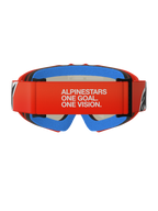 Alpinestars Vision Youth Corp Goggles, Youth Motocross Goggles, Orange and Red with Blue foam, rear view featuring wide red strap with white 'ALPINESTARS ONE GOAL. ONE VISION.' branding, multi-layer comfort foam for secure fit