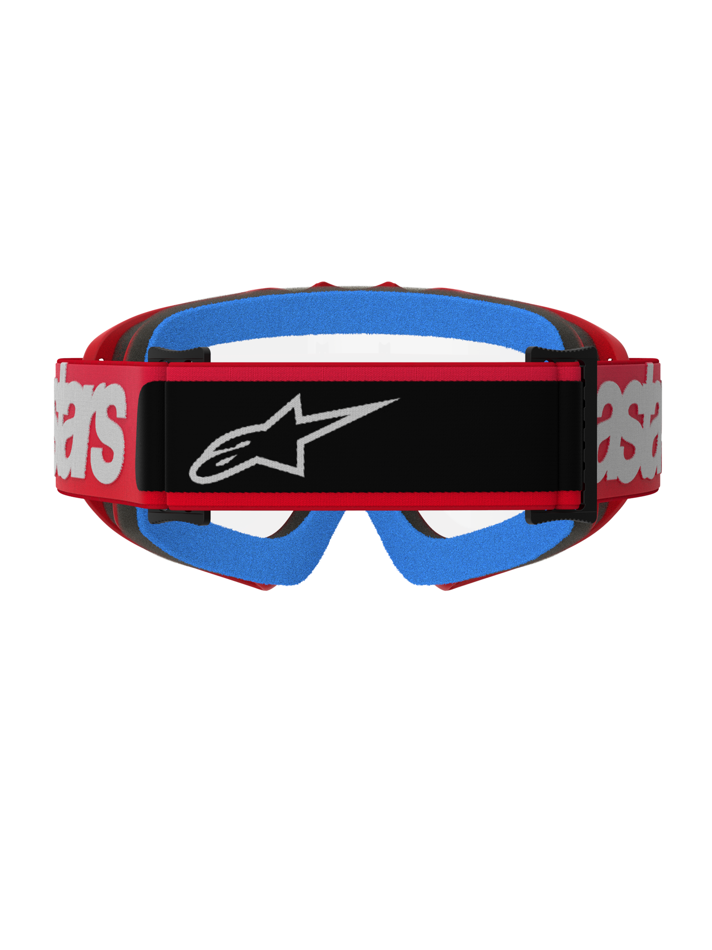 Alpinestars Vision Youth Blaze Goggles, Red and Clear, rear view showing a red woven strap with a black logo patch and white branding, bright blue face foam, and a clear anti-fog lens, designed for youth motocross racing.