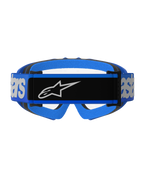 Alpinestars Vision Youth Blaze Goggles, Motocross Goggles, Blue and Clear, rear view featuring a wide blue strap with a black central panel and white Alpinestars logo, blue and black foam padding, clear lens visibility