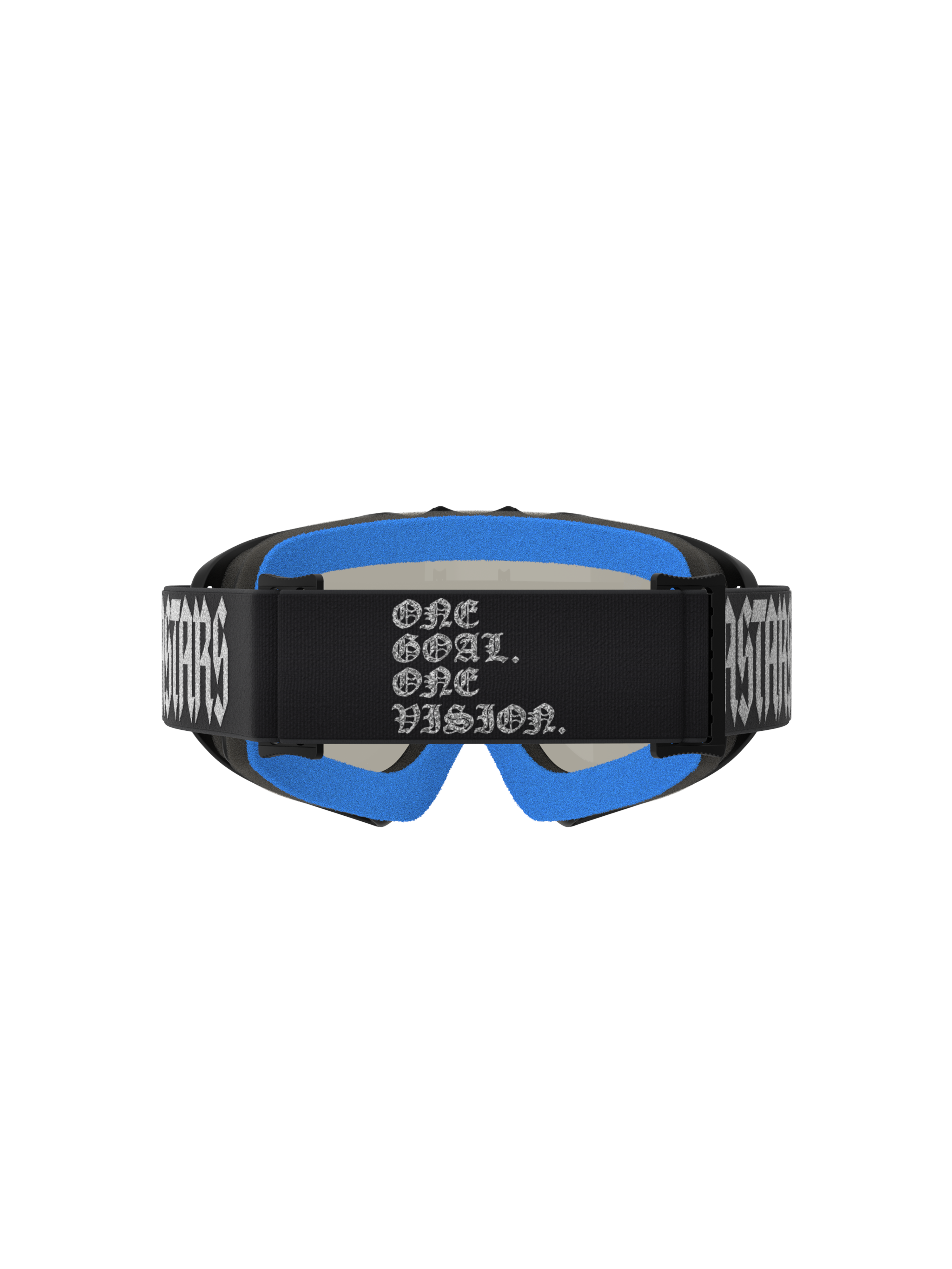 Alpinestars Vision Youth Atrox Motocross Goggles, Black and Blue with 'One Goal One Vision' branded strap.