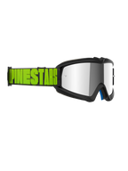 Alpinestars Vision Youth Hollow Goggles, youth motocross goggles, charcoal gray frame with a mirror silver lens, fluo yellow and black strap featuring bold Alpinestars branding, professional-grade eye protection for off-road racing