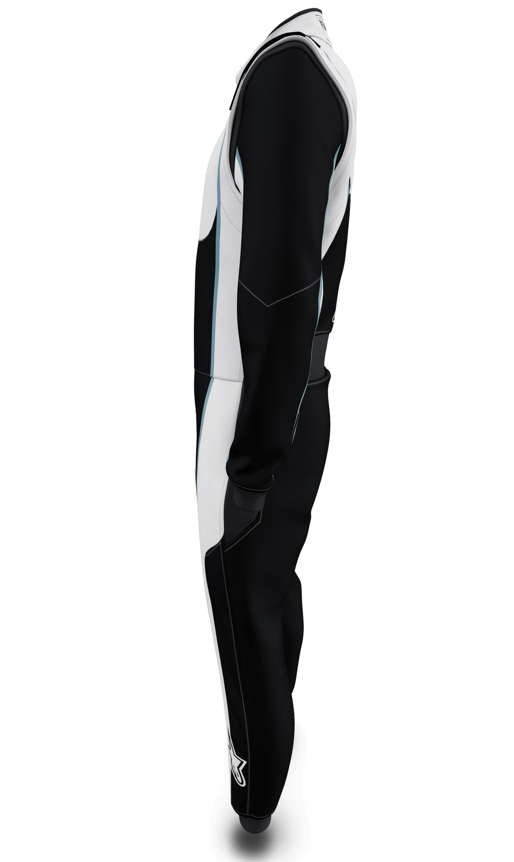 Alpinestars Tech Vision V3 Custom Suit, side profile black and white FIA auto racing suit, fire-retardant Nomex construction.