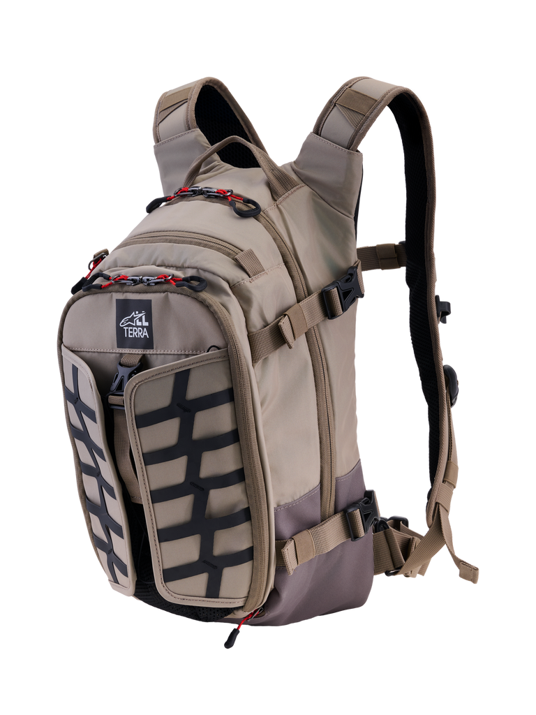 Alpinestars AT-15 Back Pack, Aluminum Walnut, 15L expandable adventure motorcycle backpack, front 3/4 view featuring All Terra logo, black grid panel, red zipper accents, and ergonomic shoulder straps, rugged off-road design