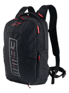 Alpinestars MM93 City Hunter V2 Backpack, Motorcycle Backpack, Black with grey MM93 graphic and red accents, Marc Marquez signature collection, featuring padded shoulder straps and side pockets, durable urban design