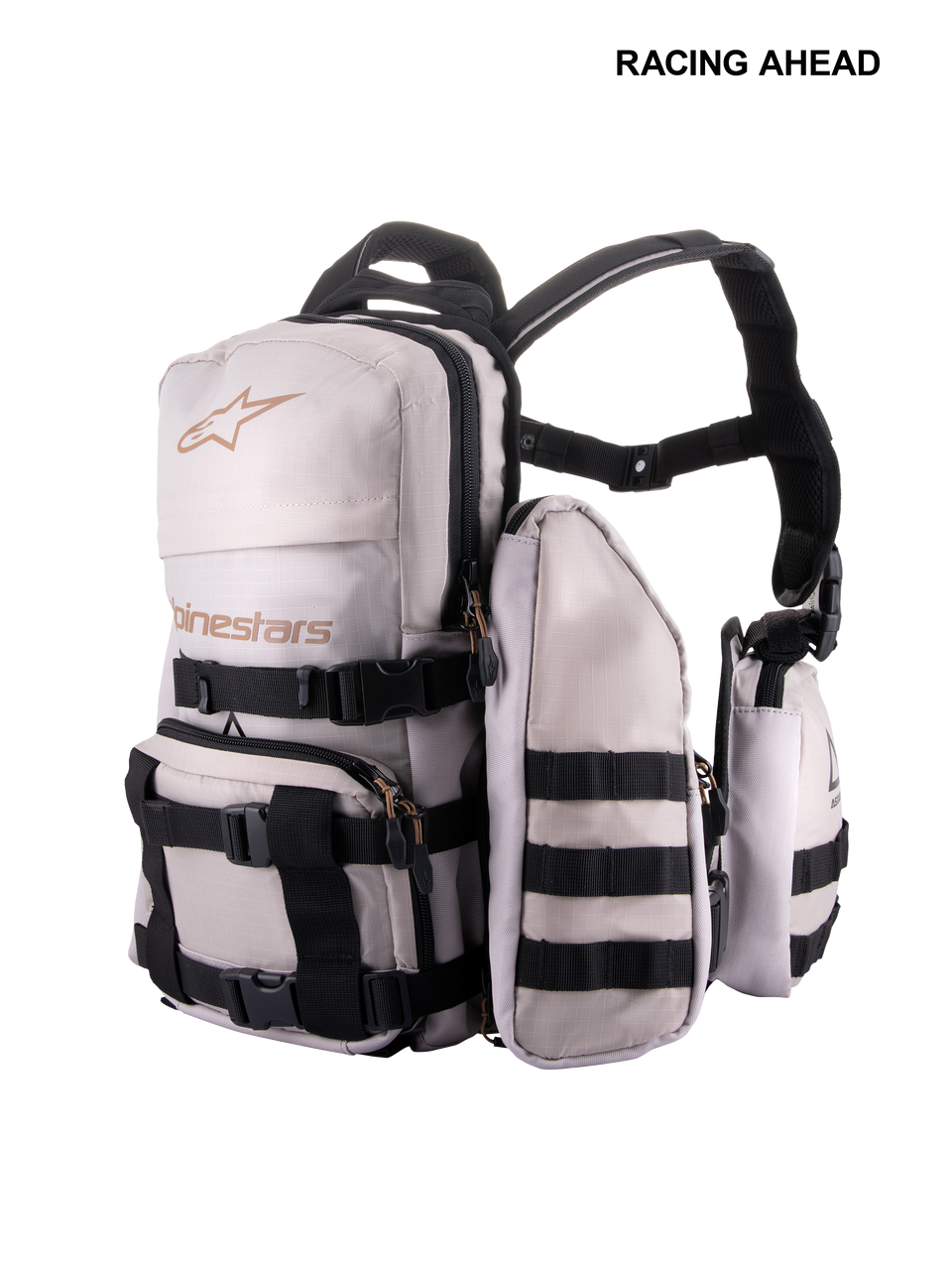 Alpinestars Techdura Tactical Pack, Off-Road and Enduro Backpack, Warm Gray and Black, modular design with detachable pouches, featuring MOLLE webbing and adjustable black straps, durable construction for carrying trail essentials
