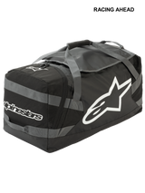 Alpinestars Goanna Bag, Motocross Duffle Bag, Black and Anthracite Gray with White logos, features large side star logo and wordmark, durable tarpaulin base, reinforced carry straps, large gear storage for off-road racing