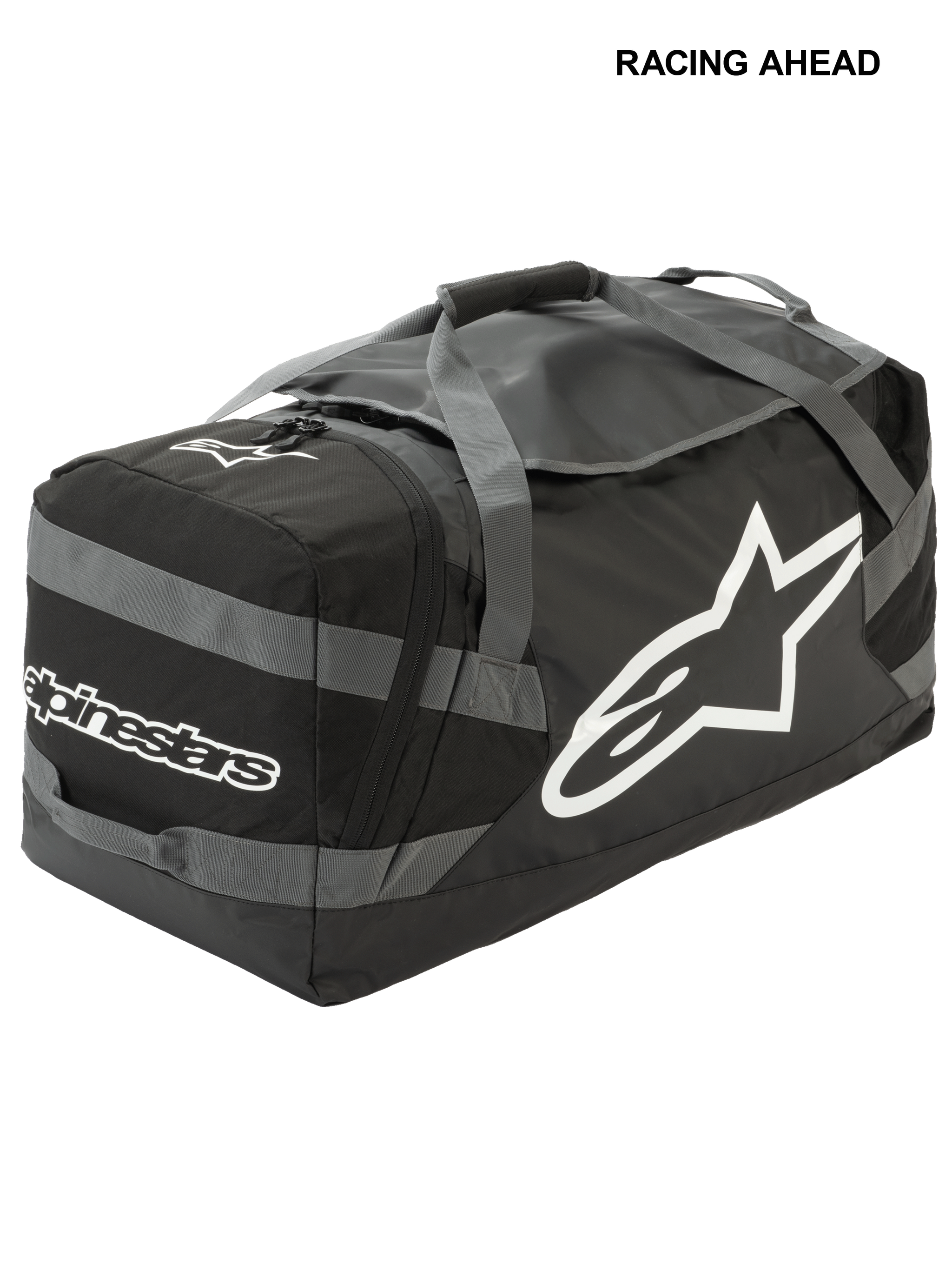 Alpinestars Goanna Bag, Motocross Duffle Bag, Black and Anthracite Gray with White logos, features large side star logo and wordmark, durable tarpaulin base, reinforced carry straps, large gear storage for off-road racing
