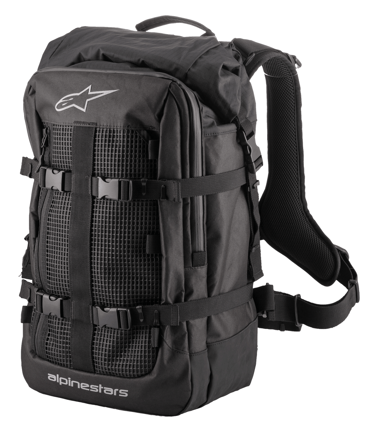 Alpinestars Rover Multi Backpack, Adventure Touring Backpack, Black, featuring a mesh front panel, adjustable compression straps with buckles, padded ergonomic shoulder straps, and robust textile construction for motorcycle commuting and adventure riding