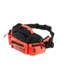 Alpinestars MM93 Waist Bag, Black and Red Fluo, practical motorcycle hip pack with multiple zippered compartments, top handle, and adjustable black strap, featuring Marc Marquez 93 branding and durable water-resistant construction.