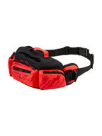 Alpinestars MM93 Waist Bag, Motorcycle Waist Pack, Bright Red, Red Fluo and Black, featuring Marc Marquez graphics, multiple zippered compartments, adjustable waist strap with buckle, and a top handle.