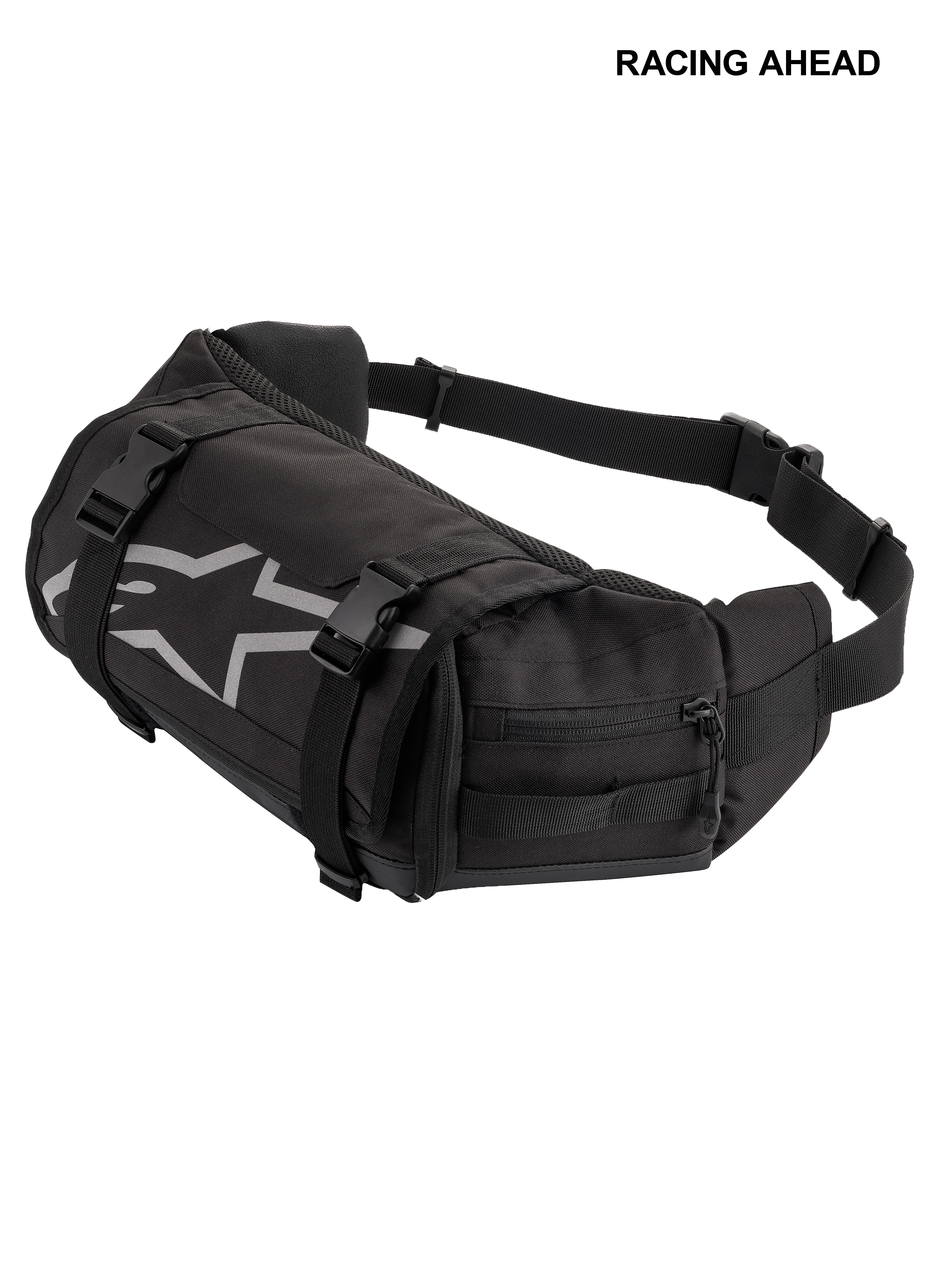 Alpinestars Tech Tool Pack, Black, durable motorcycle tool waist bag, featuring grey Alpinestars star logo, adjustable compression straps with plastic buckles, and zippered side compartments for enduro and off-road use